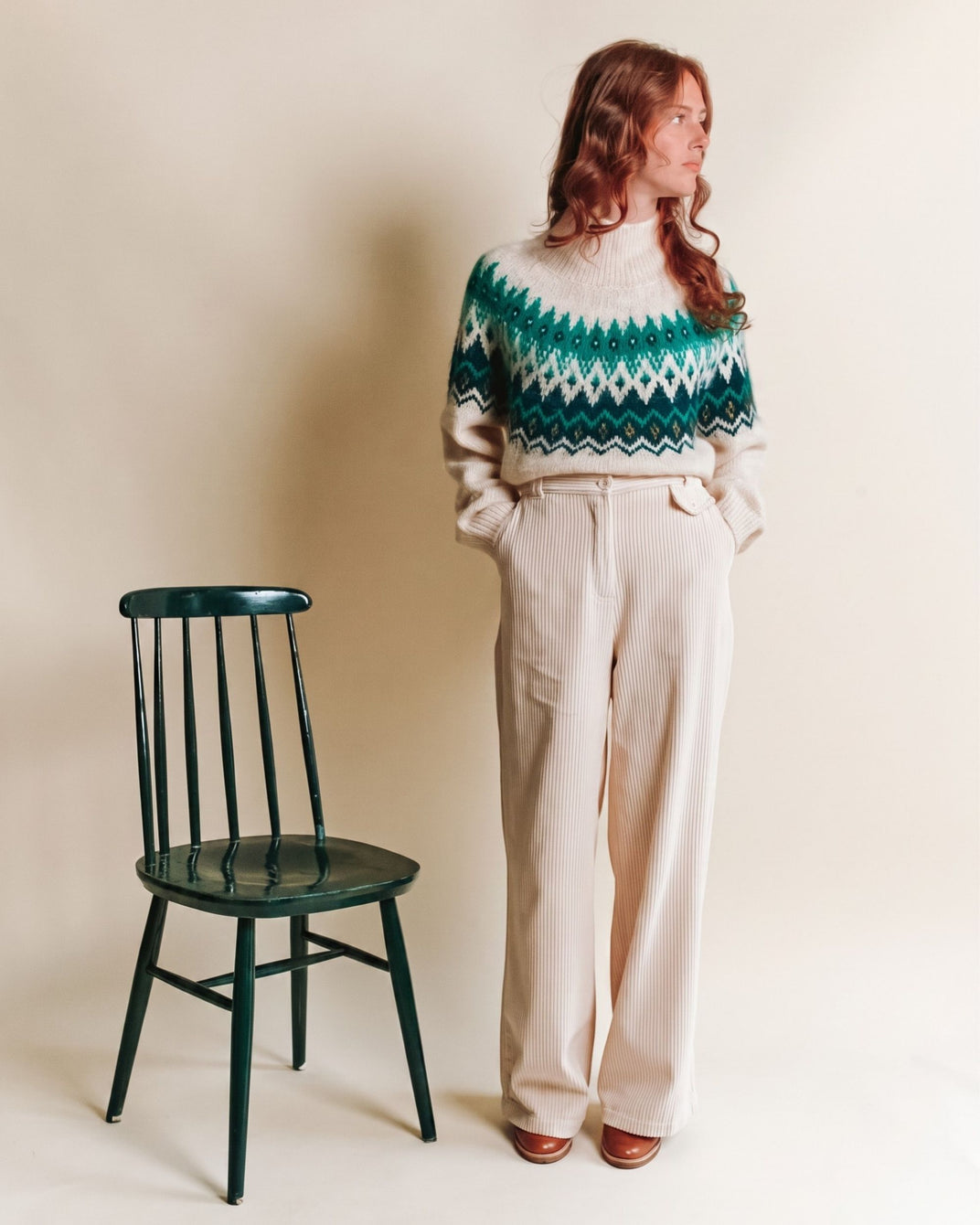 Pull - Jacquard écru et vert