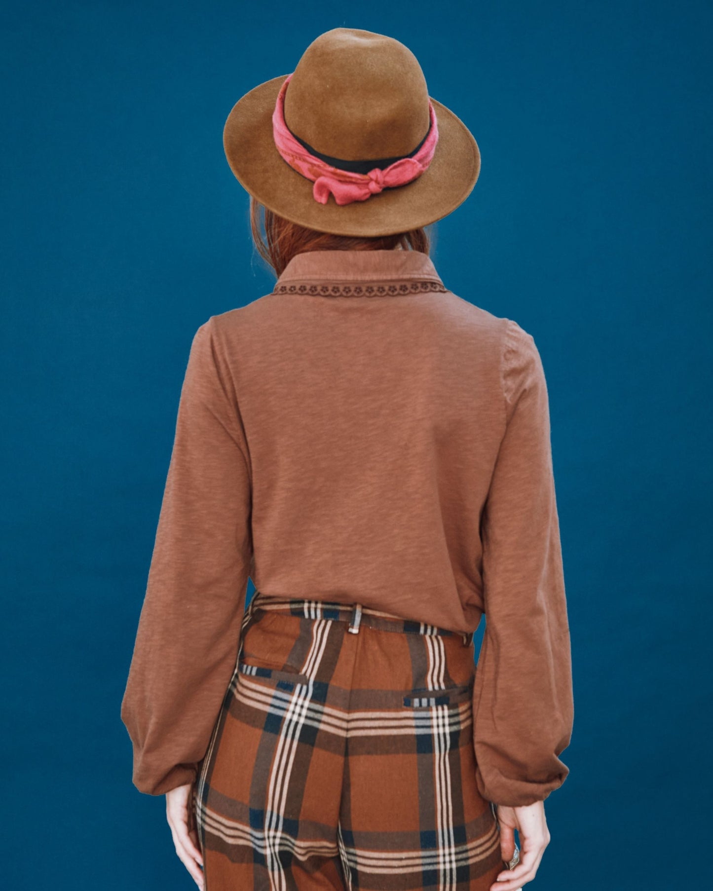 two-material polo shirt with jabot collar, chestnut
