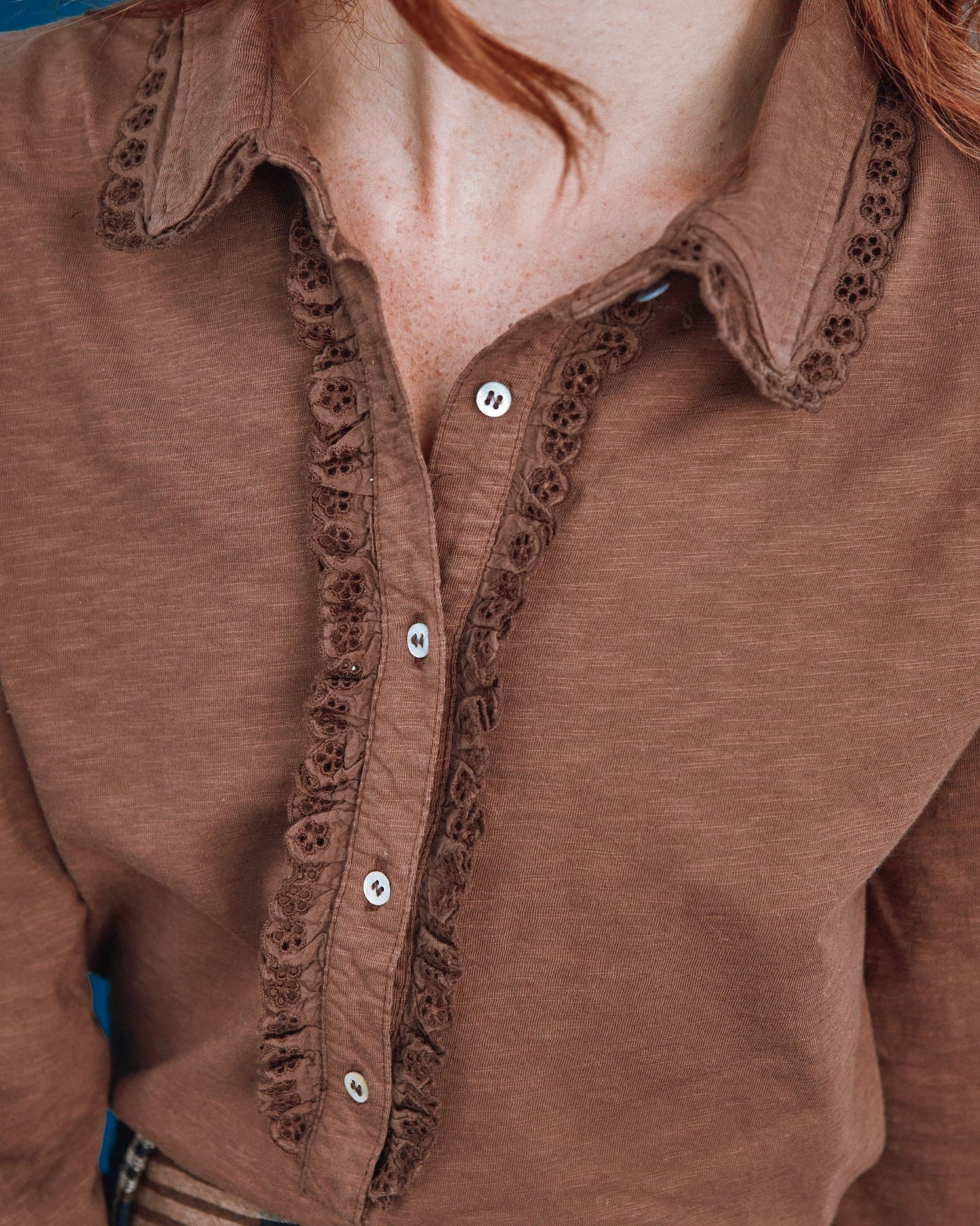 two-material polo shirt with jabot collar, chestnut