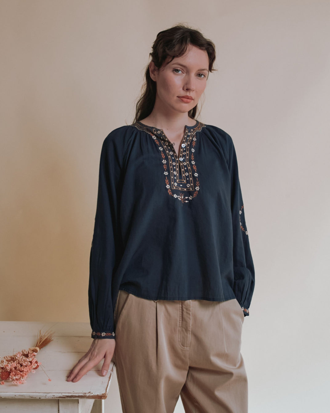 Blouse - Brodée ethnique gris anthracite