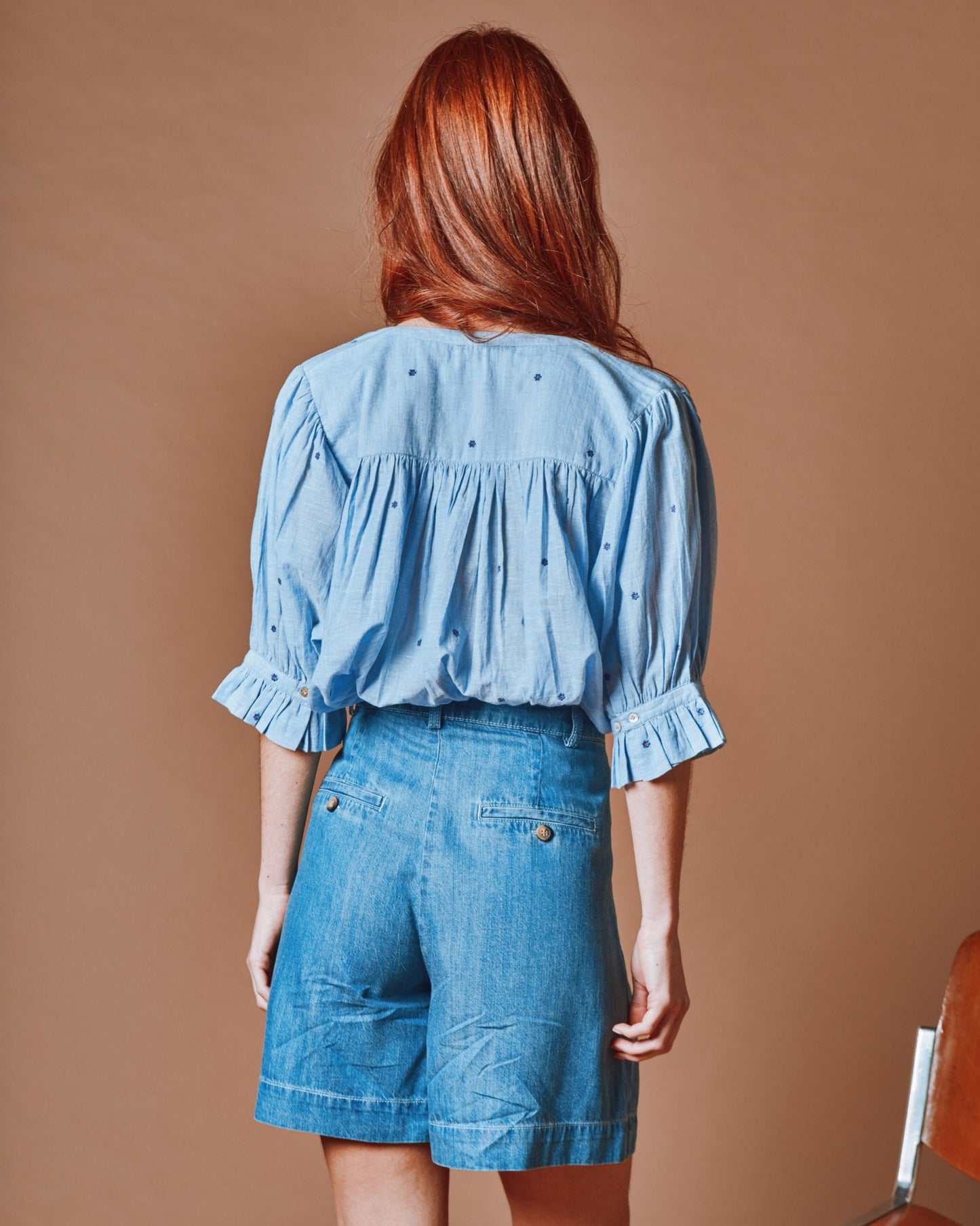 Blouse - Brodée fleurs khadi bleu