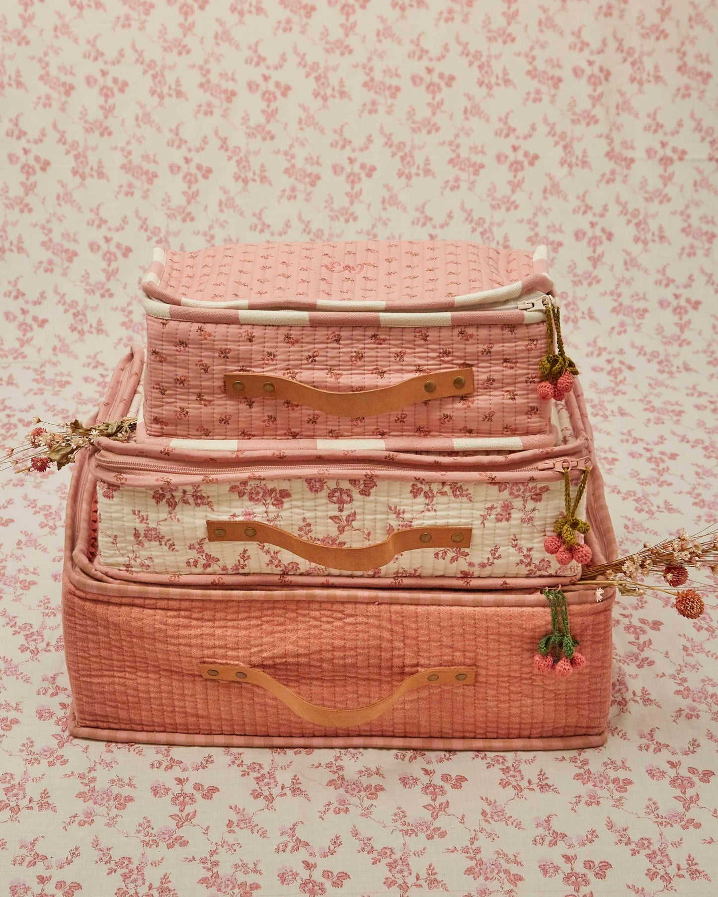 Grand valise - Fleuri écru et rose