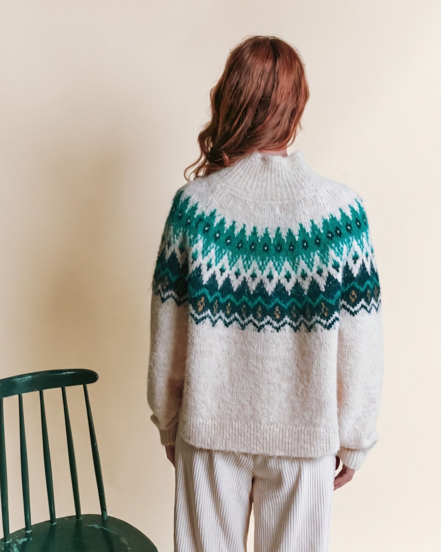Pull - Jacquard écru et vert