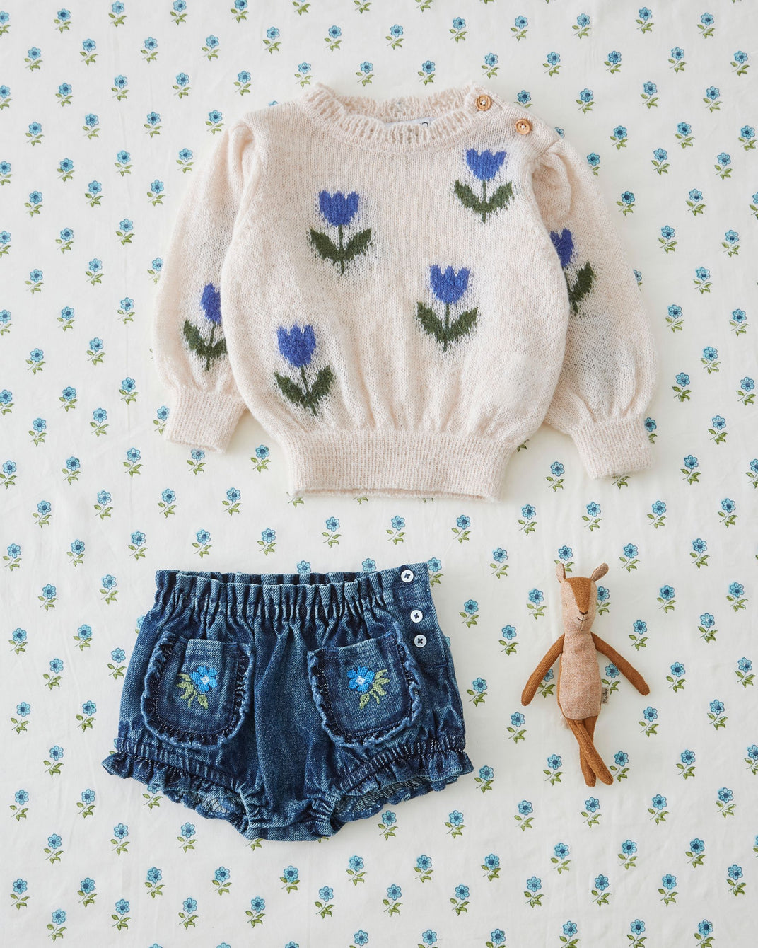 Bloomer - Denim bleu fleur brodée