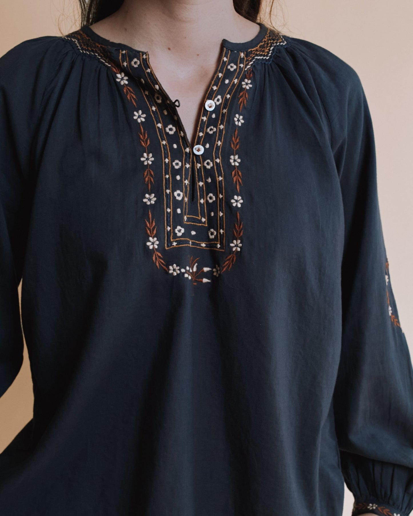 Blouse - Brodée ethnique gris anthracite