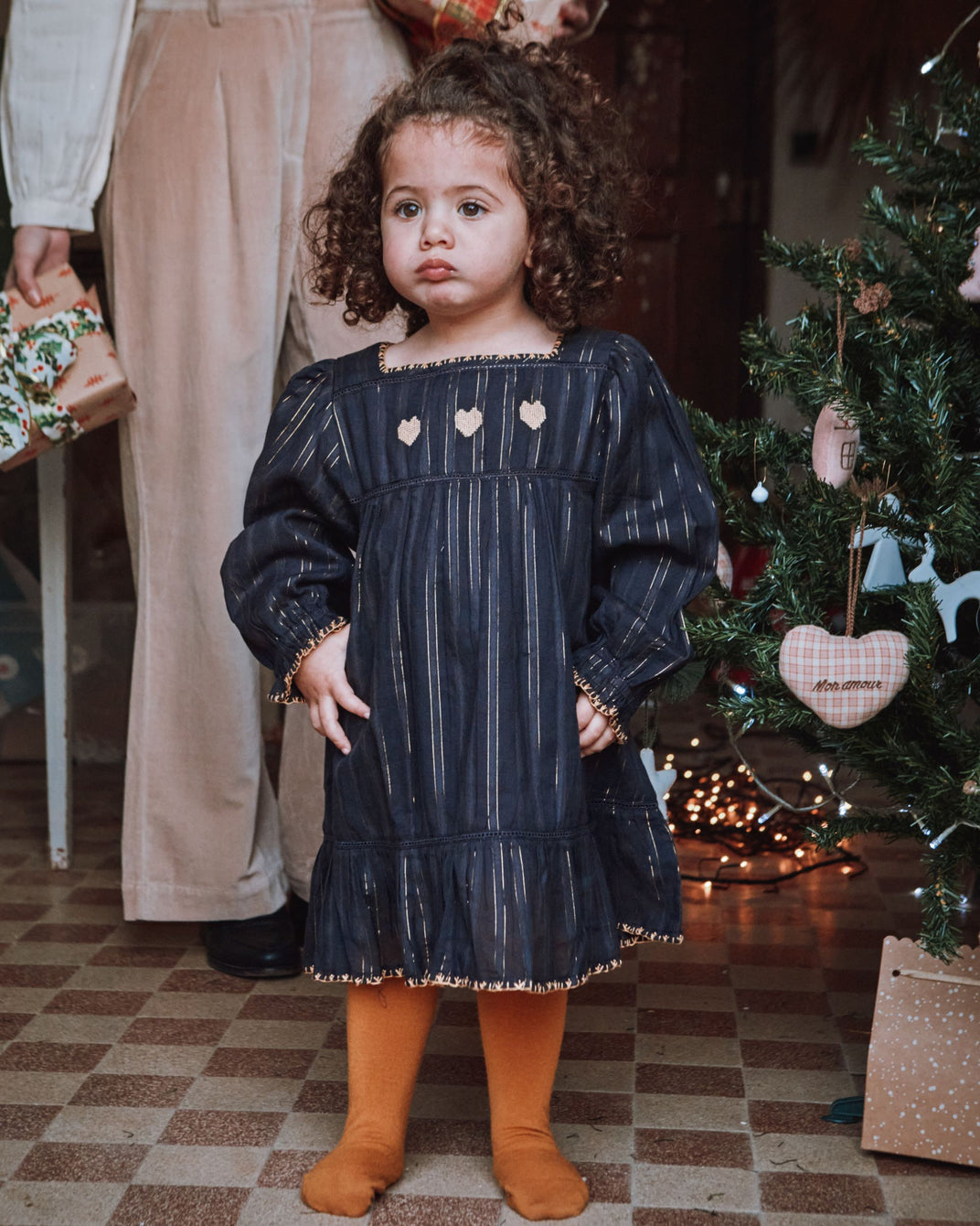 navy lurex embroidered lurex dress