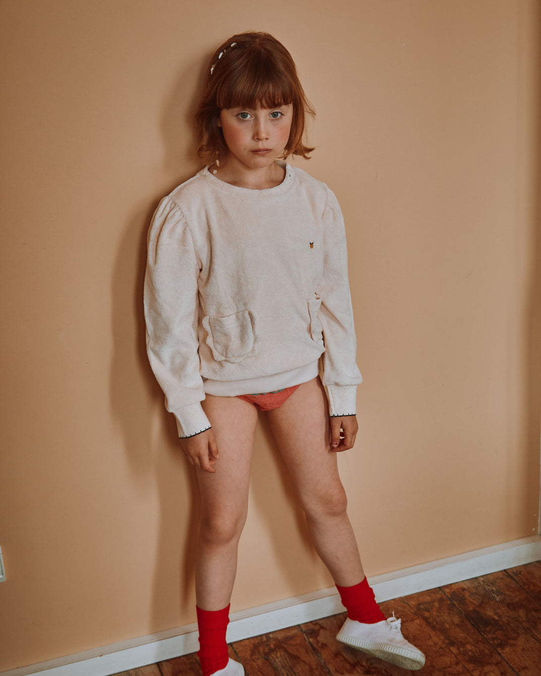 Sweat éponge poches fleurs crème