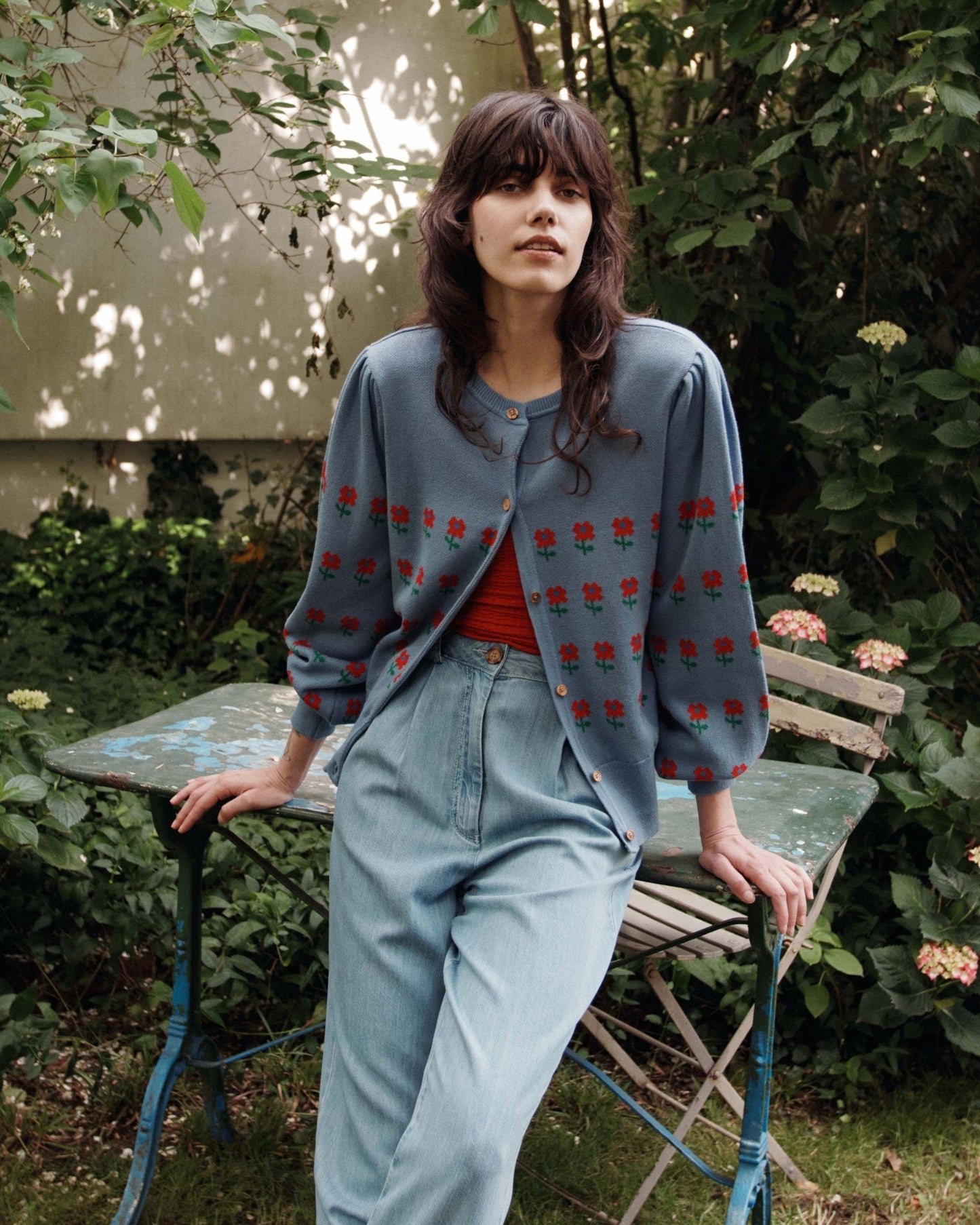 Cardigan - Jacquard à fleurs coton bio bleu