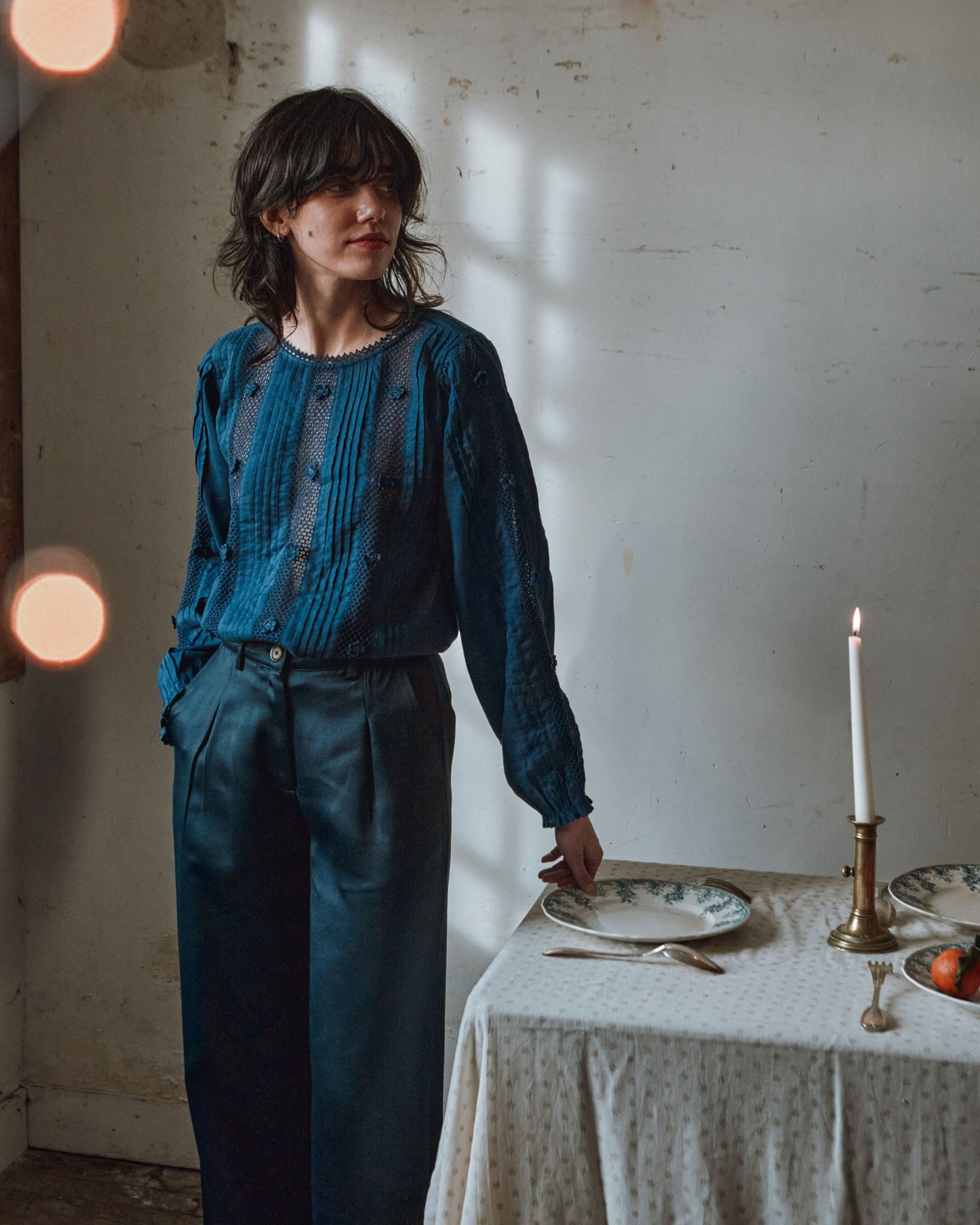 Pantalon taille haute satiné navy