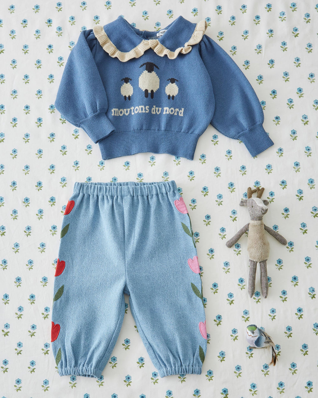 Pantalon bébé - Tulipes brodées denim light