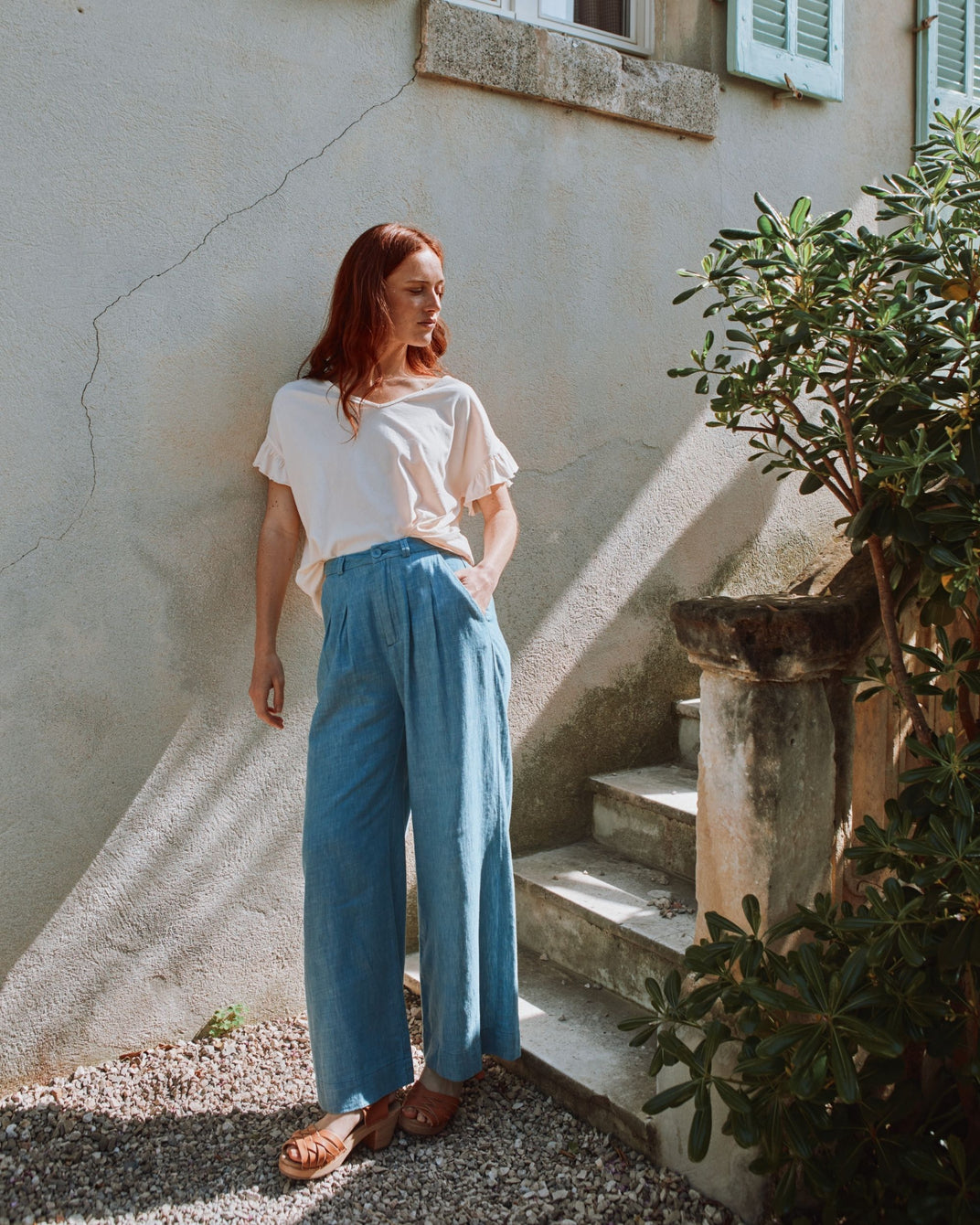 Pantalon palazzo coton lin bleu clair