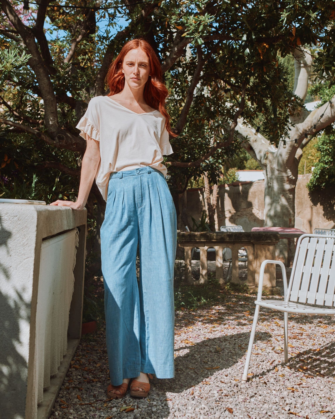 T-shirt col V volanté coton bio crème