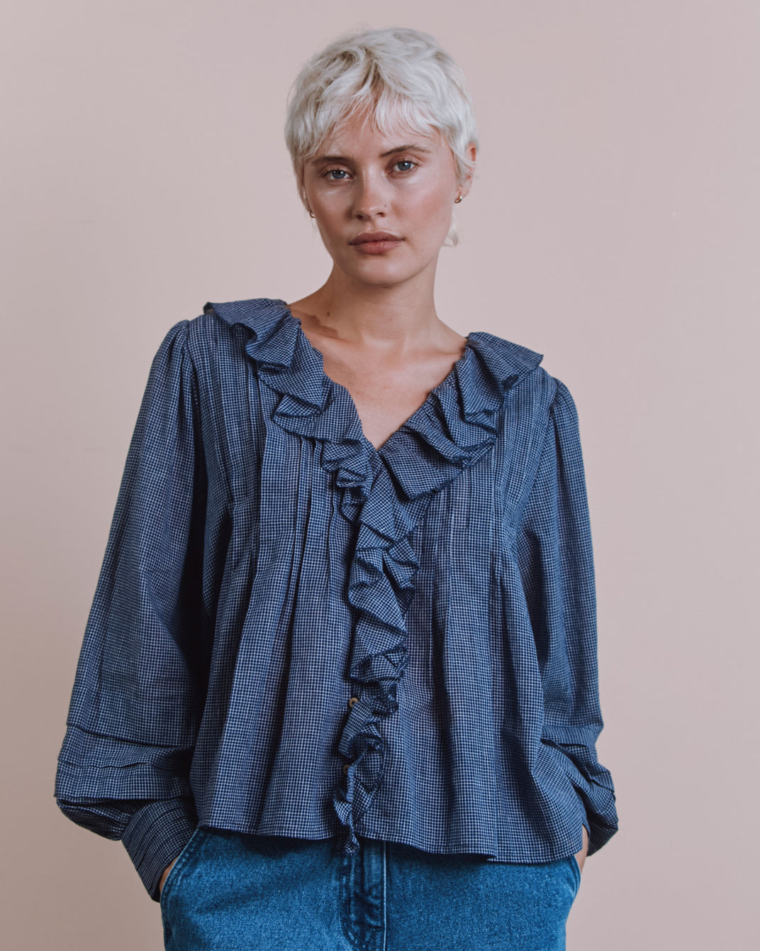 Blouse - Carreaux khadi volanté marine