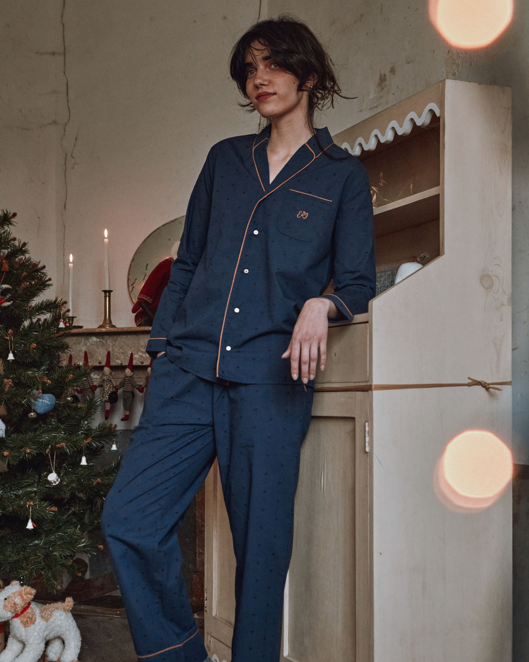 Pyjama femme coeurs brodés navy