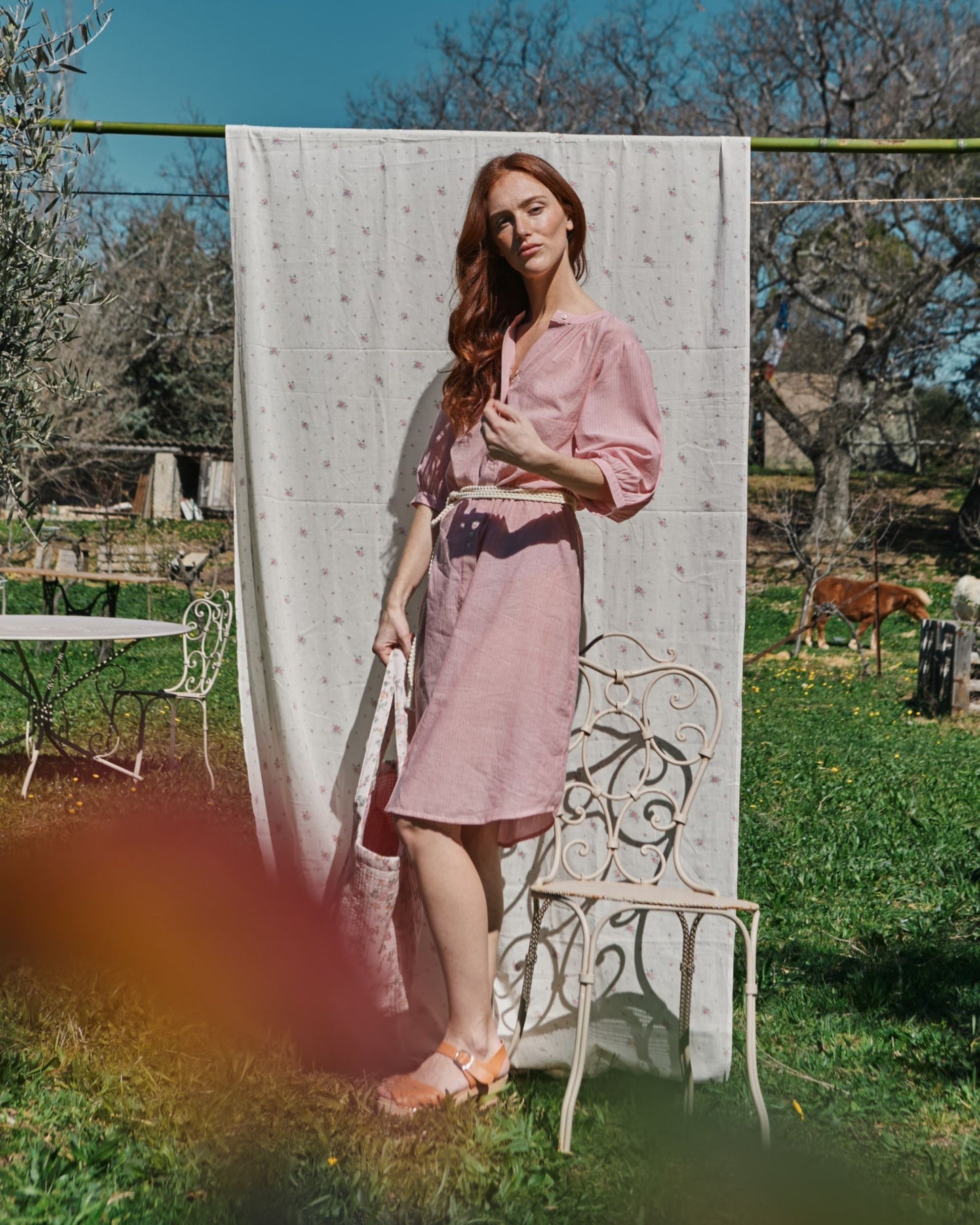 Robe midi - Fines rayures khadi rose
