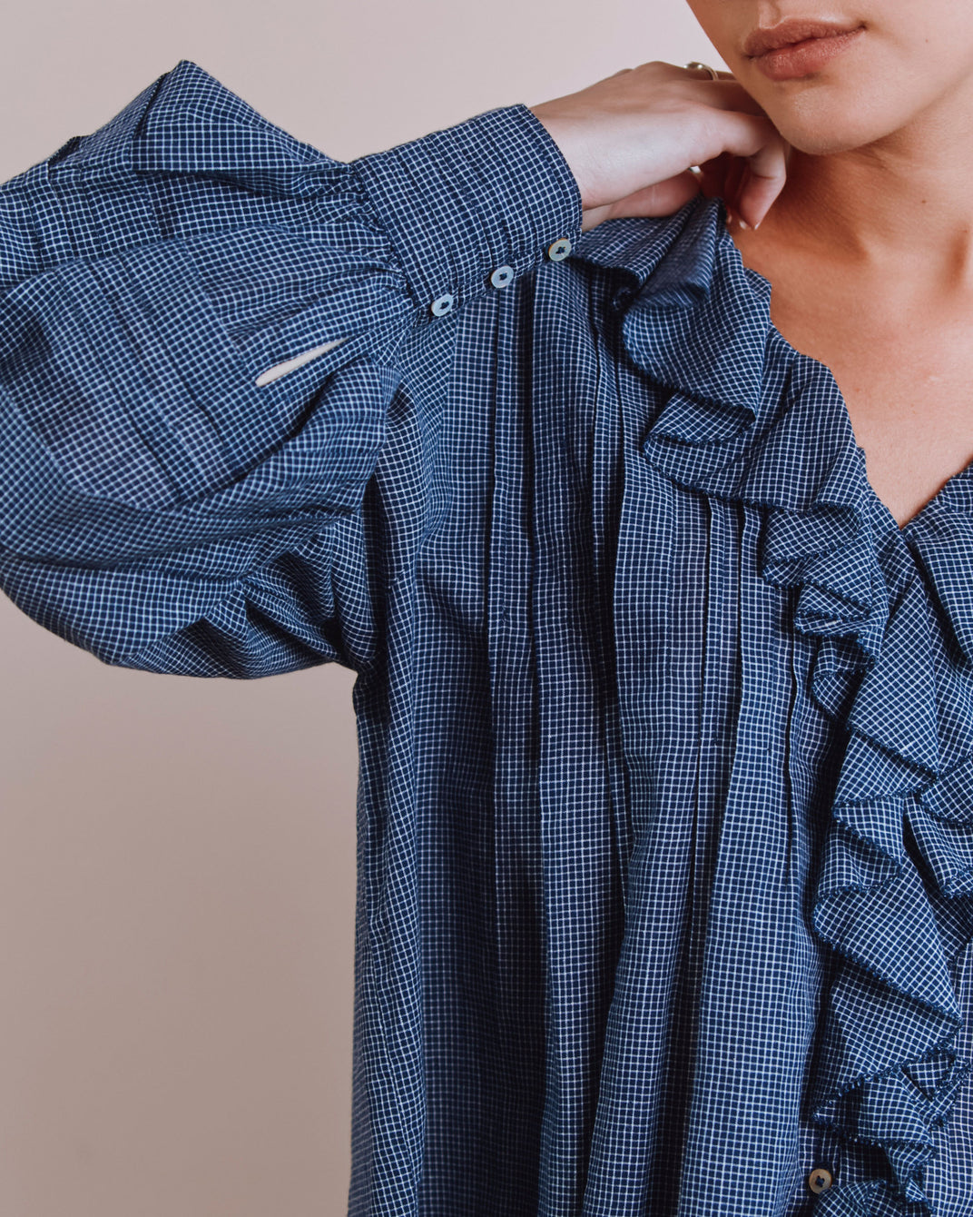 Blouse - Carreaux khadi volanté marine