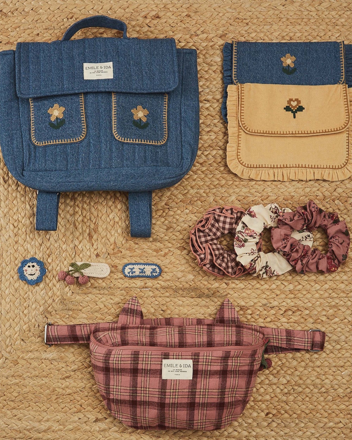 Denim embroidered quilted satchel