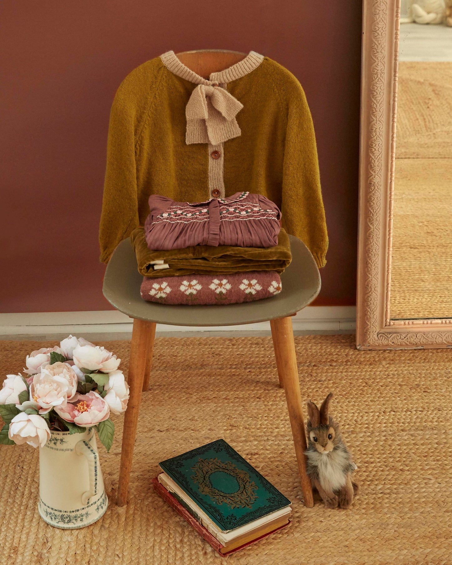 Cardigan col noué olive et beige