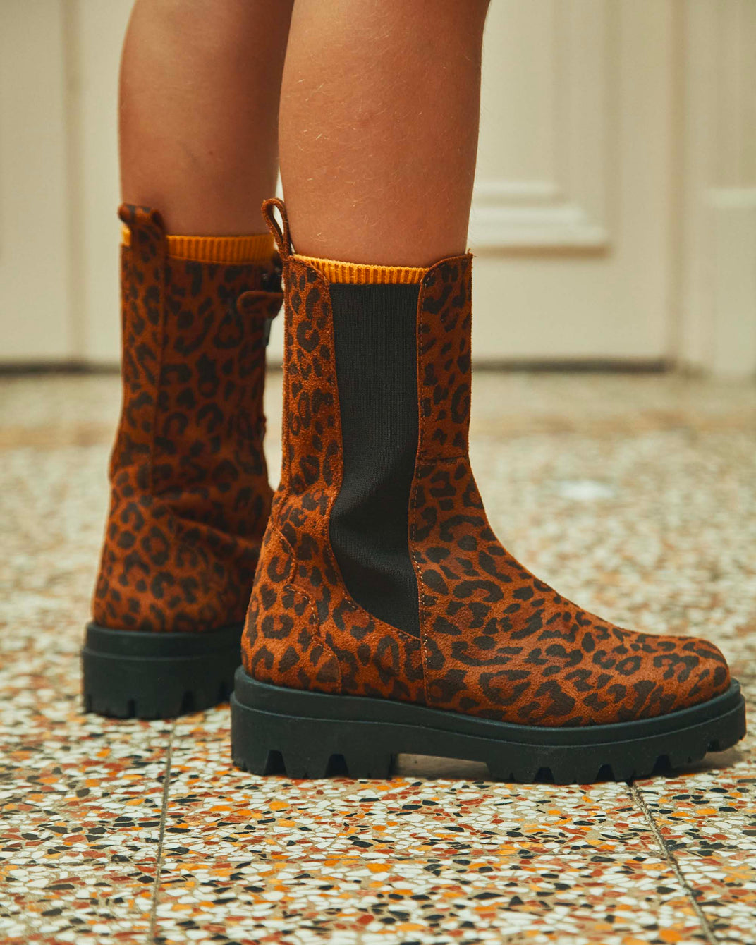 Boots fille cuir léopard brun