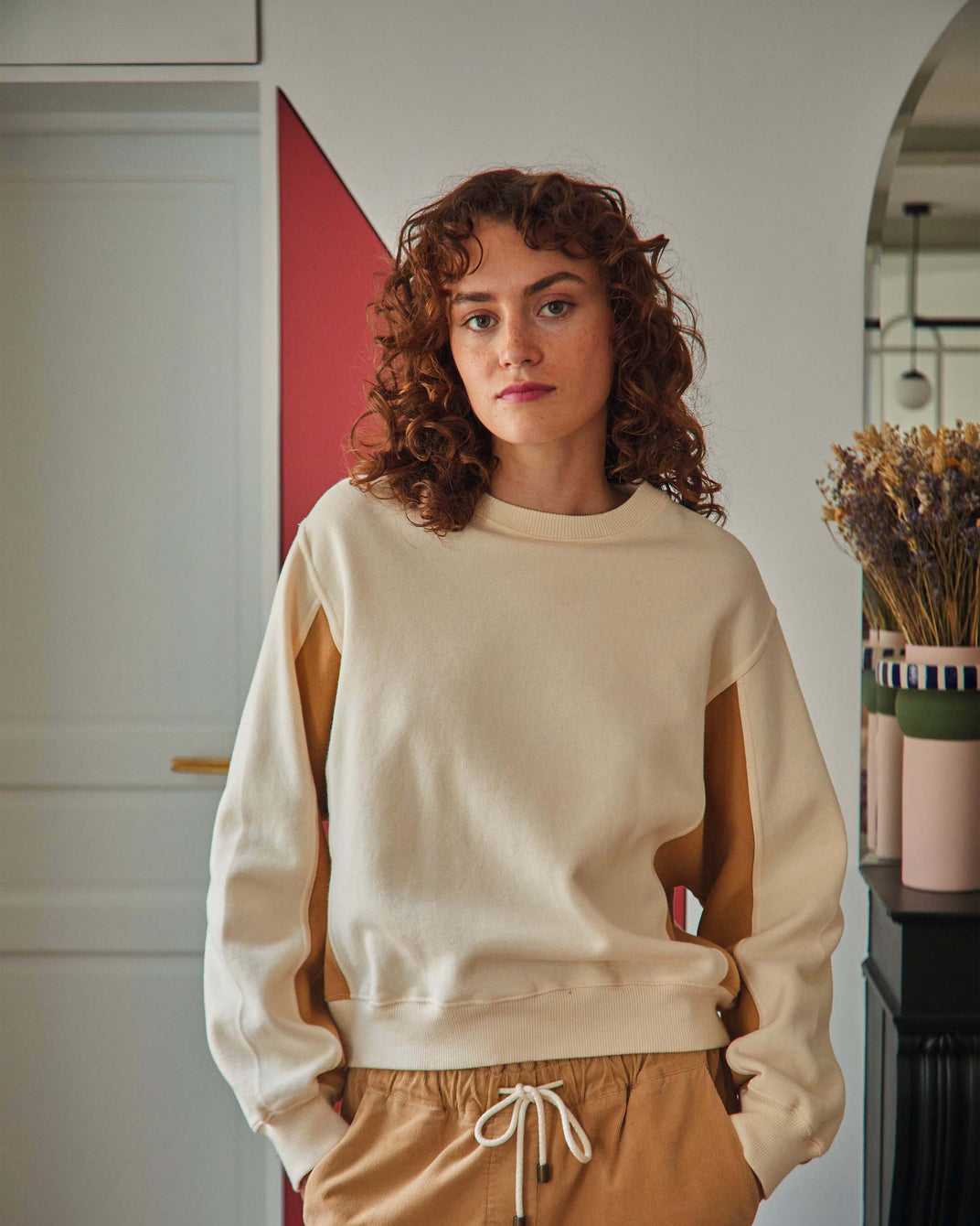 Sweat femme bicolore coton bio écru et beige