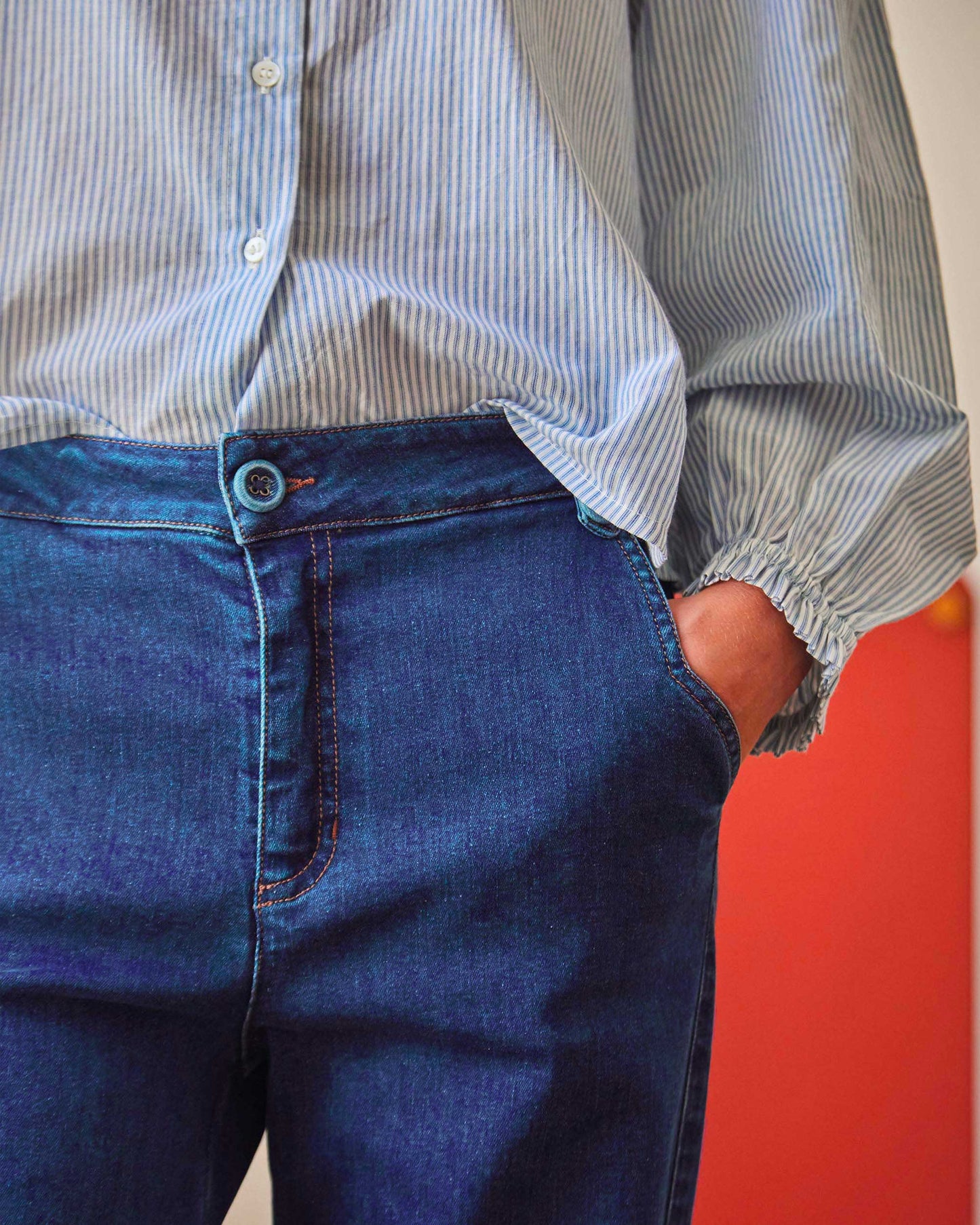 Pantalon droit coton denim bleu