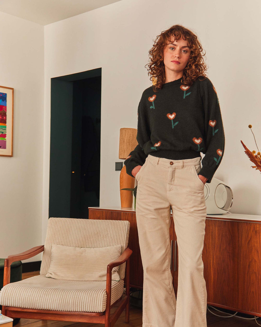 Pantalon ample velours écru