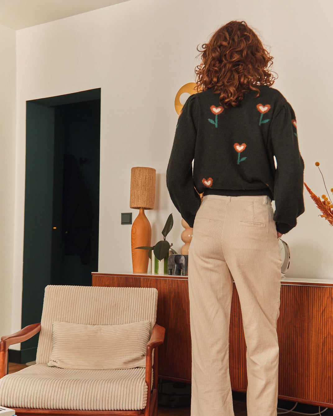 Pantalon ample velours écru