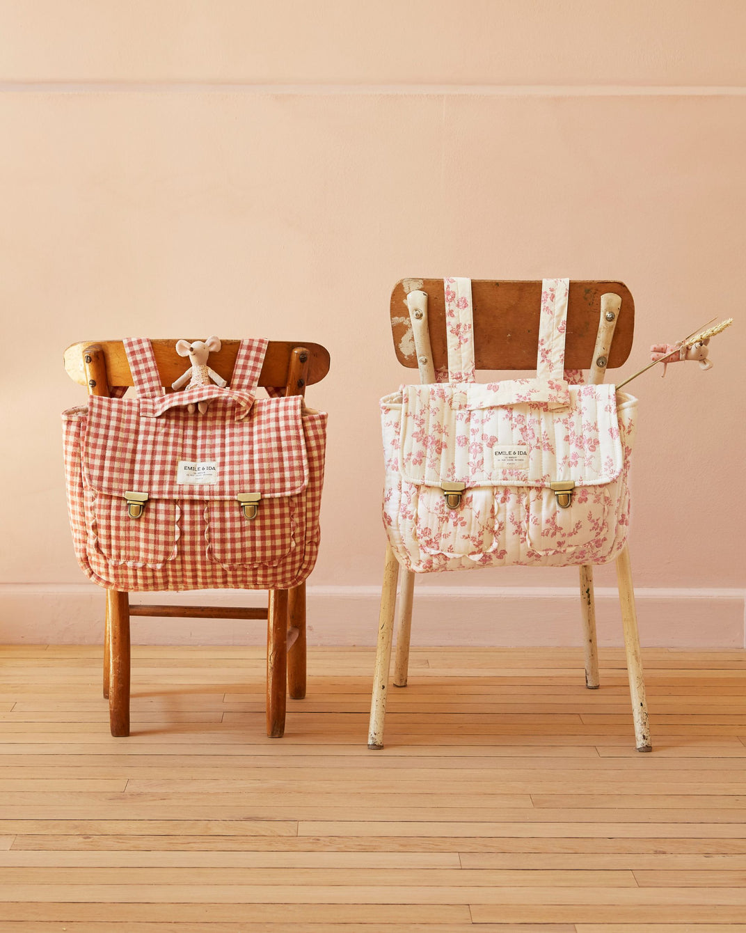 Cartable - Matelassé fleuri écru et rose
