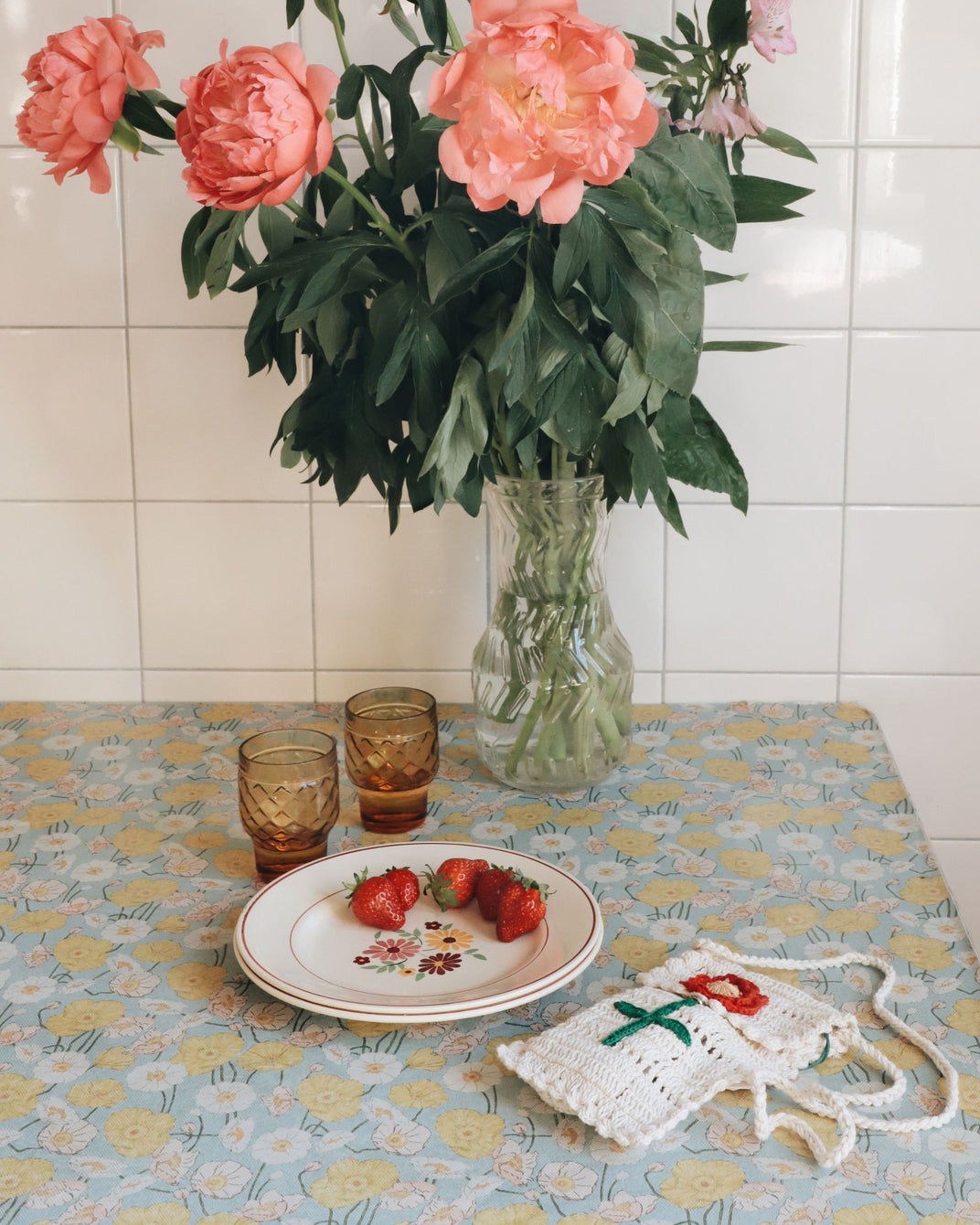 Sac crochet à fleurs écru