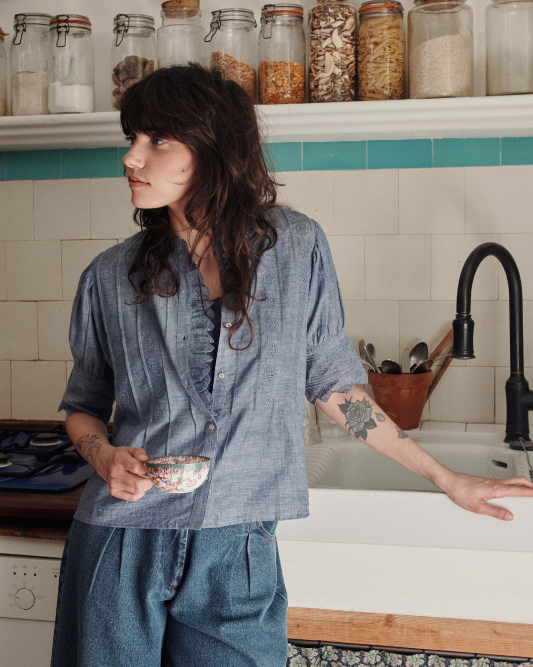 Blouse - Broderie anglaise chambray bleu