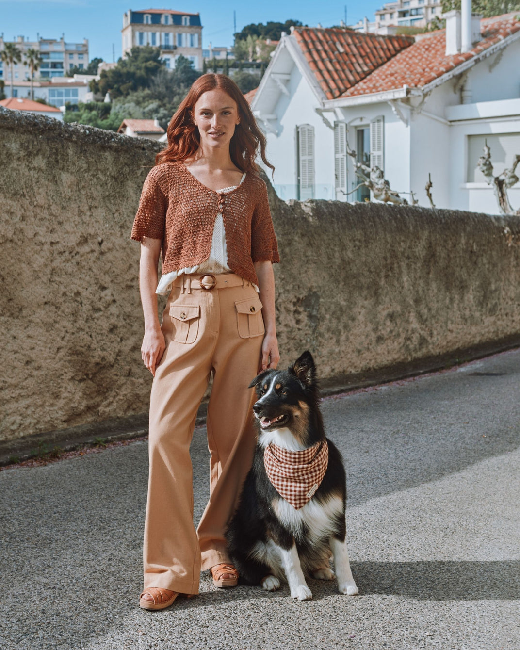 Pantalon ceinturé denim beige