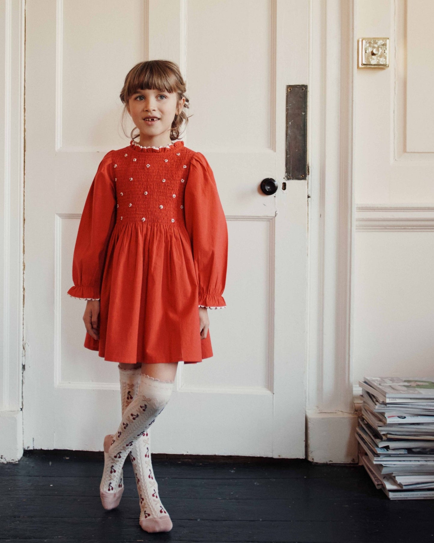 Robe - Smockée brodée rouge