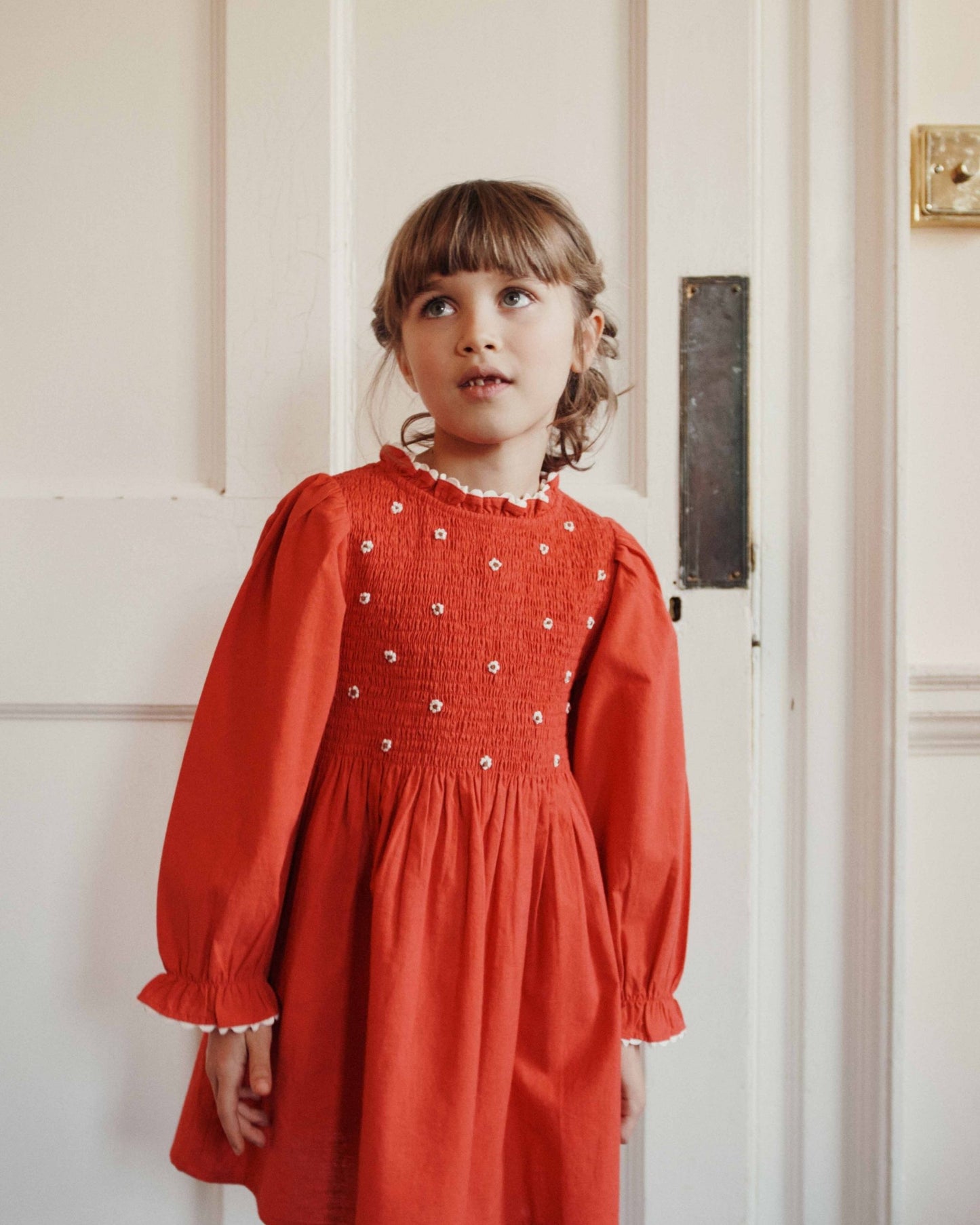 Robe - Smockée brodée rouge