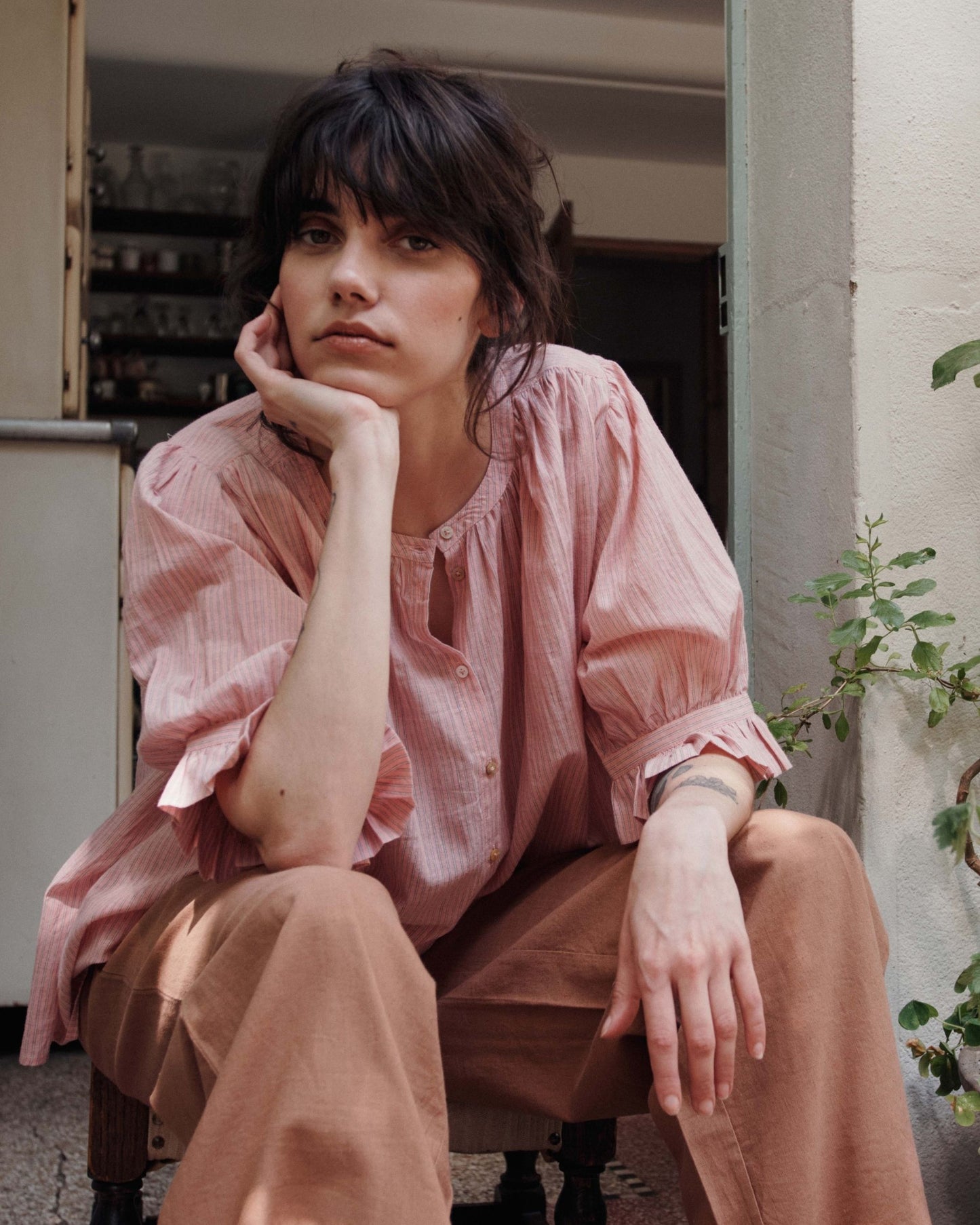 Blouse - Fines rayures khadi rose