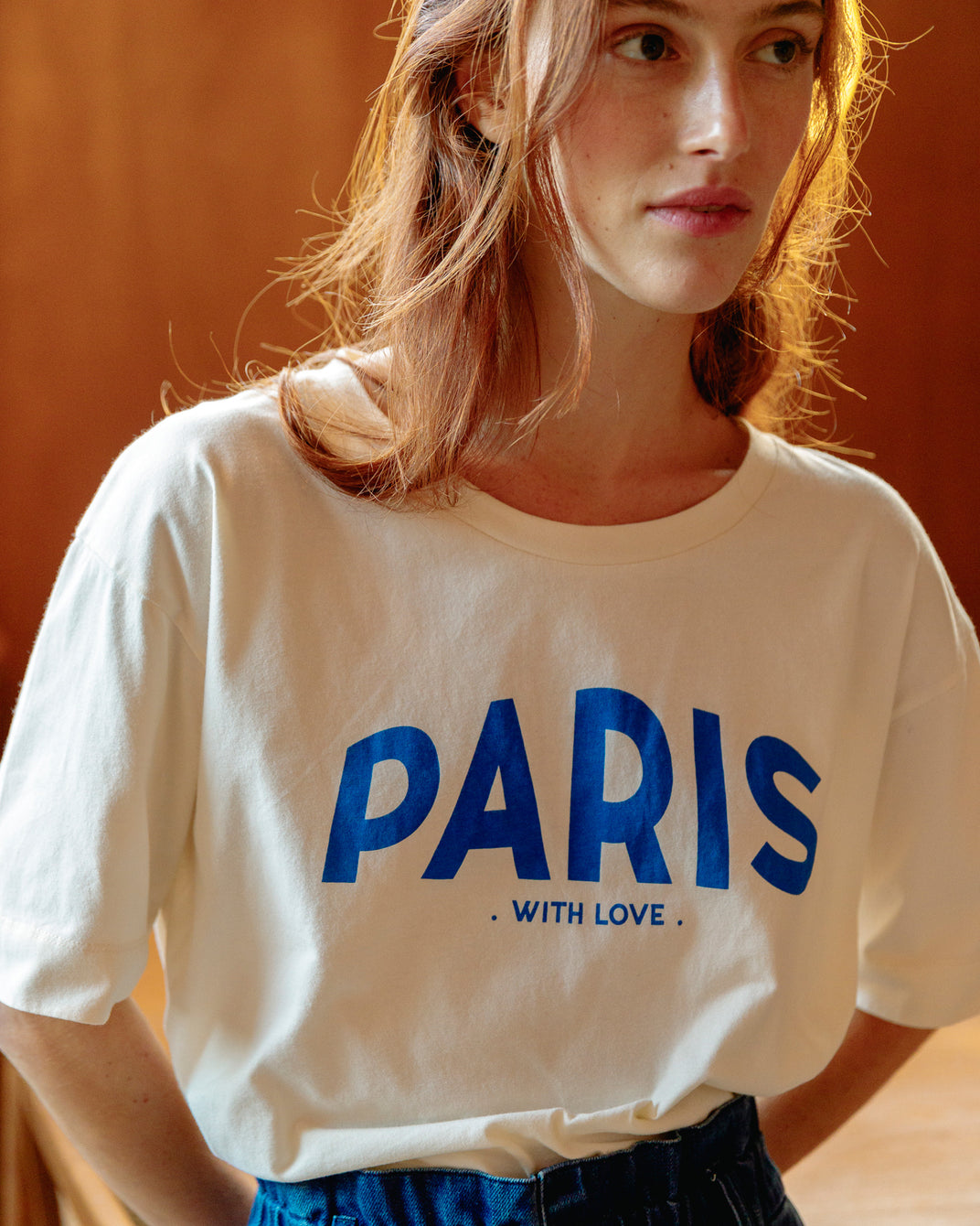 T-shirt Paris coton bio écru et bleu saphir