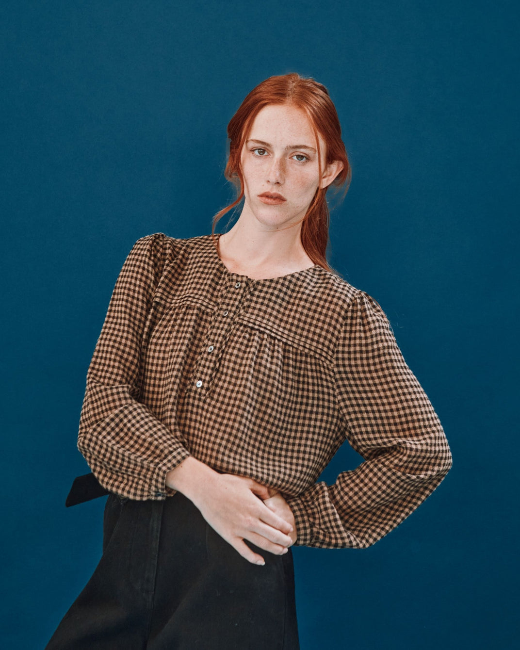 chocolate gingham blouse