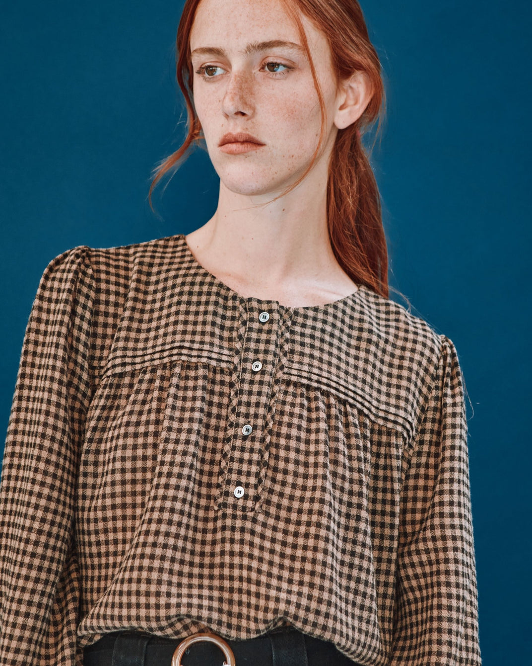 chocolate gingham blouse
