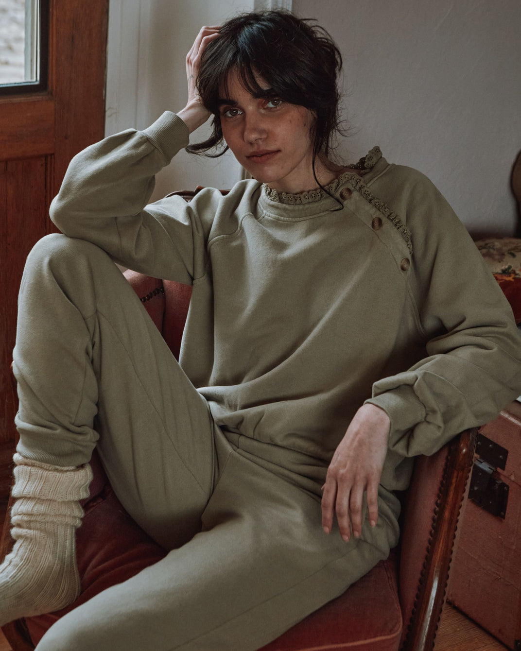 Sweat broderie anglaise coton bio kaki