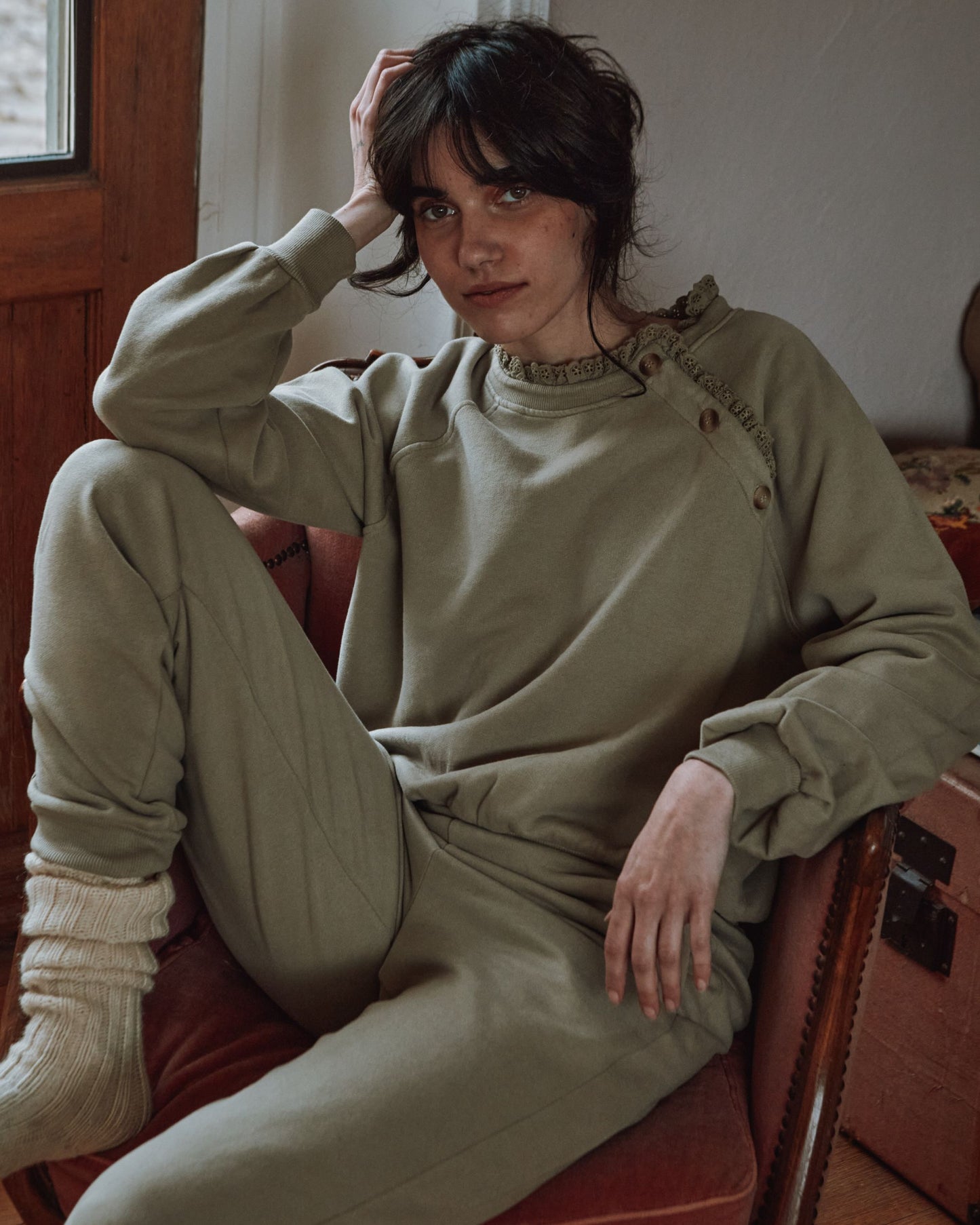 Sweat broderie anglaise coton bio kaki