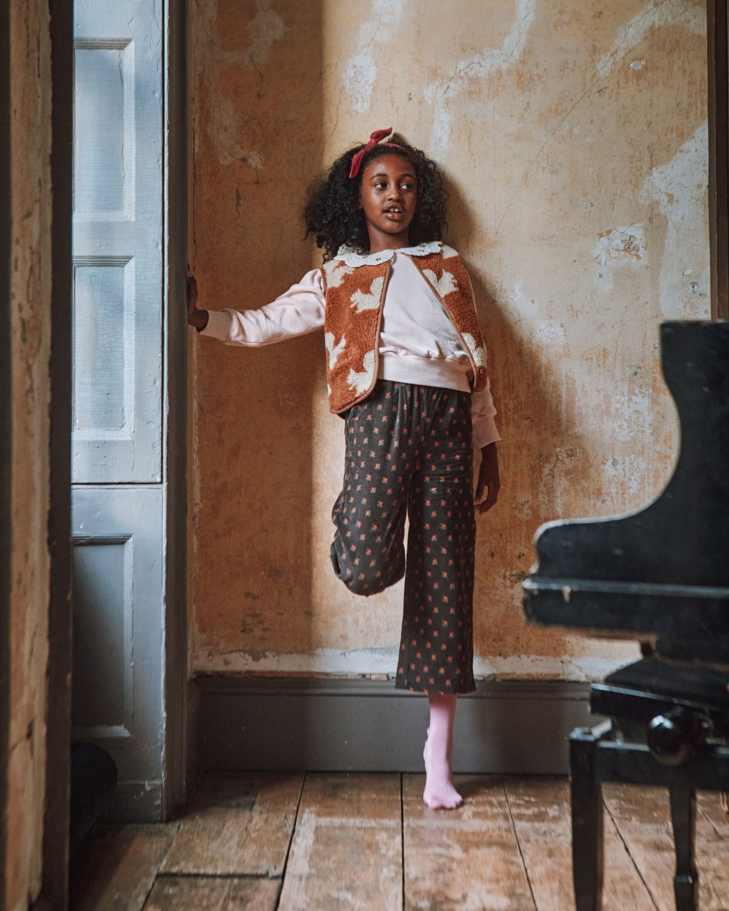 black poppy print velvet pants