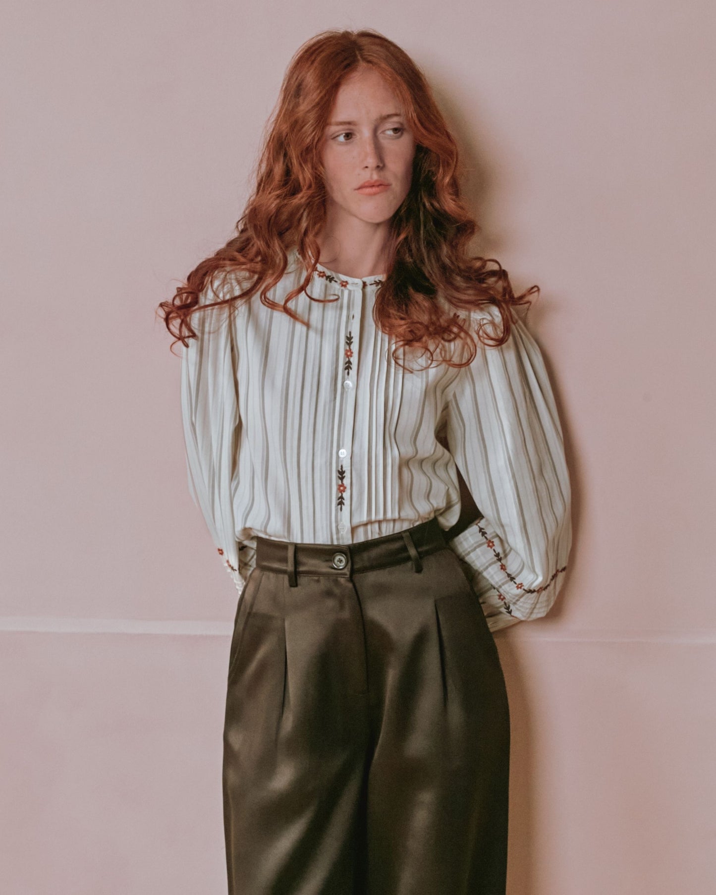 Blouse - Rayée brodée beige