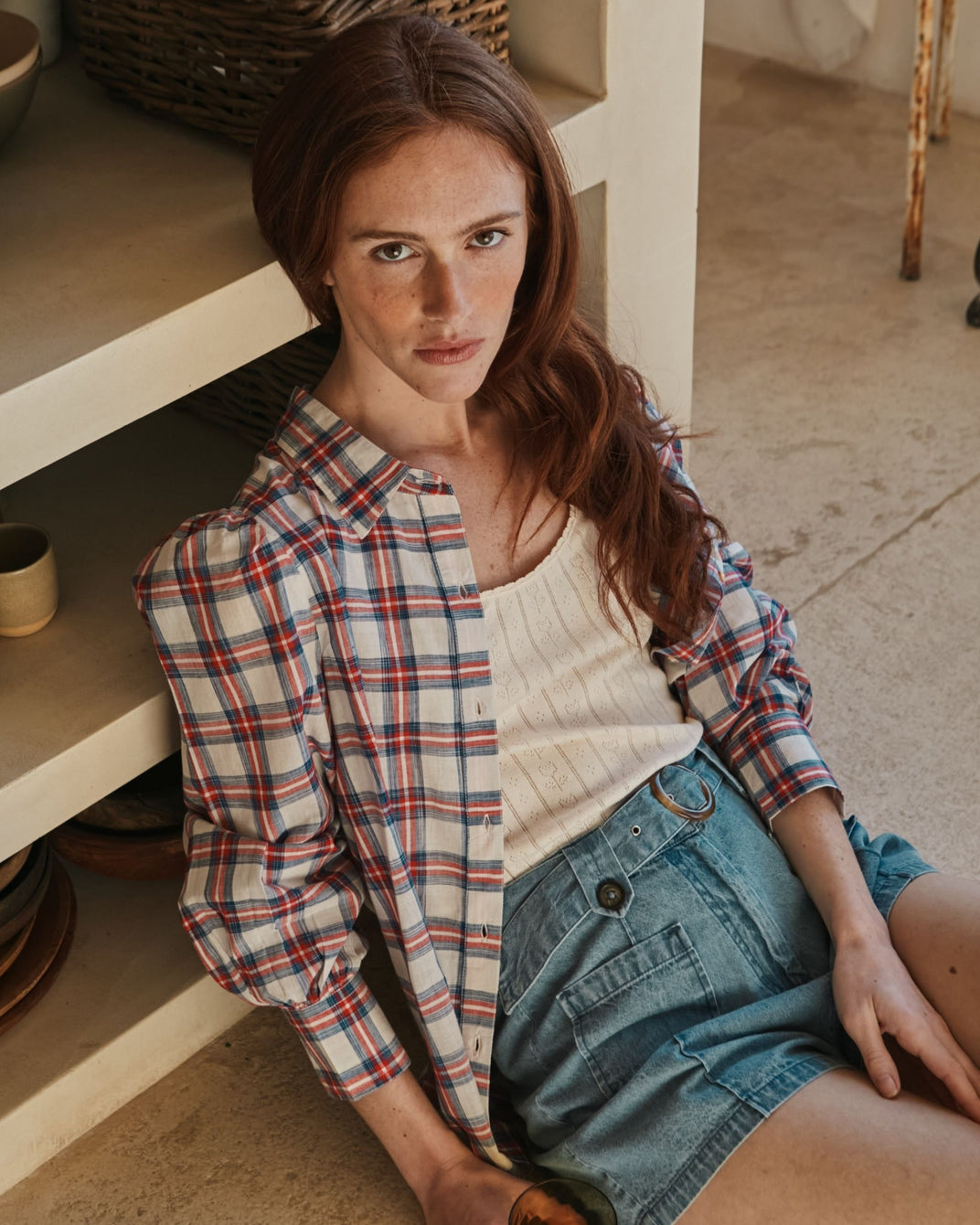Chemise longue - Carreaux khadi écru