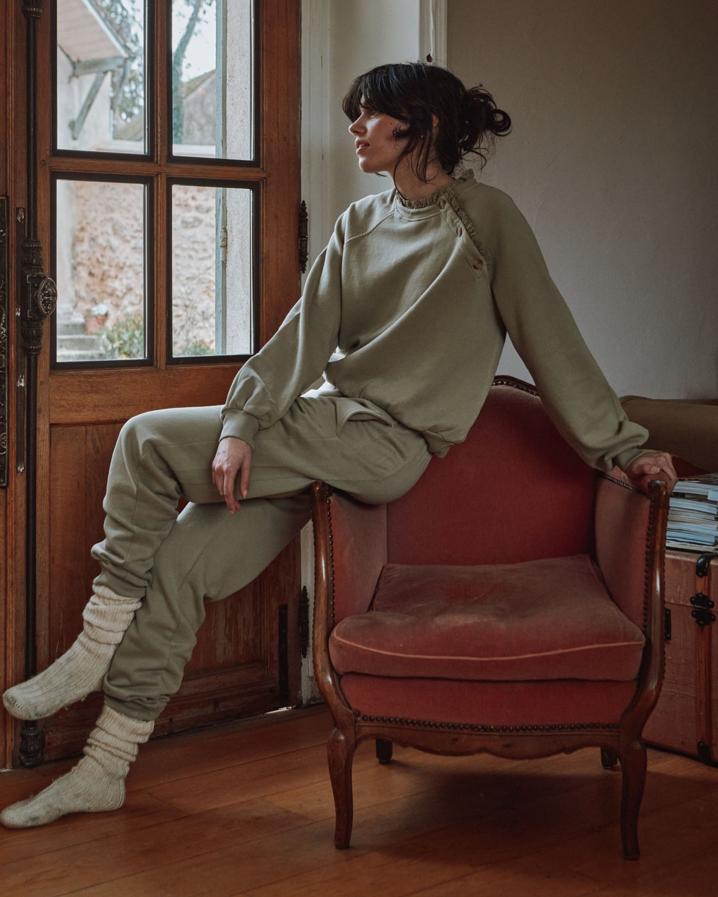 Sweat broderie anglaise coton bio kaki