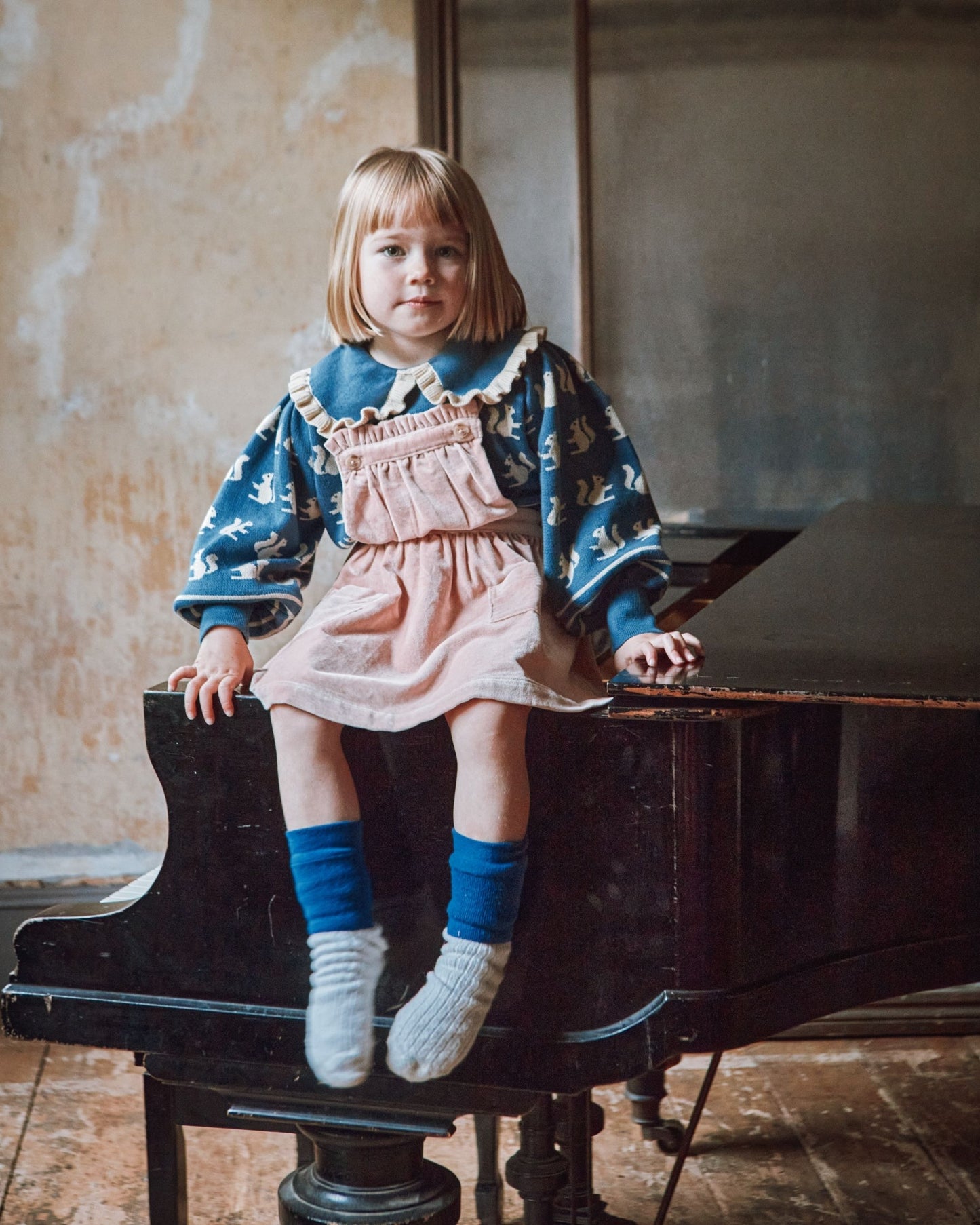 Pull jacquard écureuils coton bio bleu