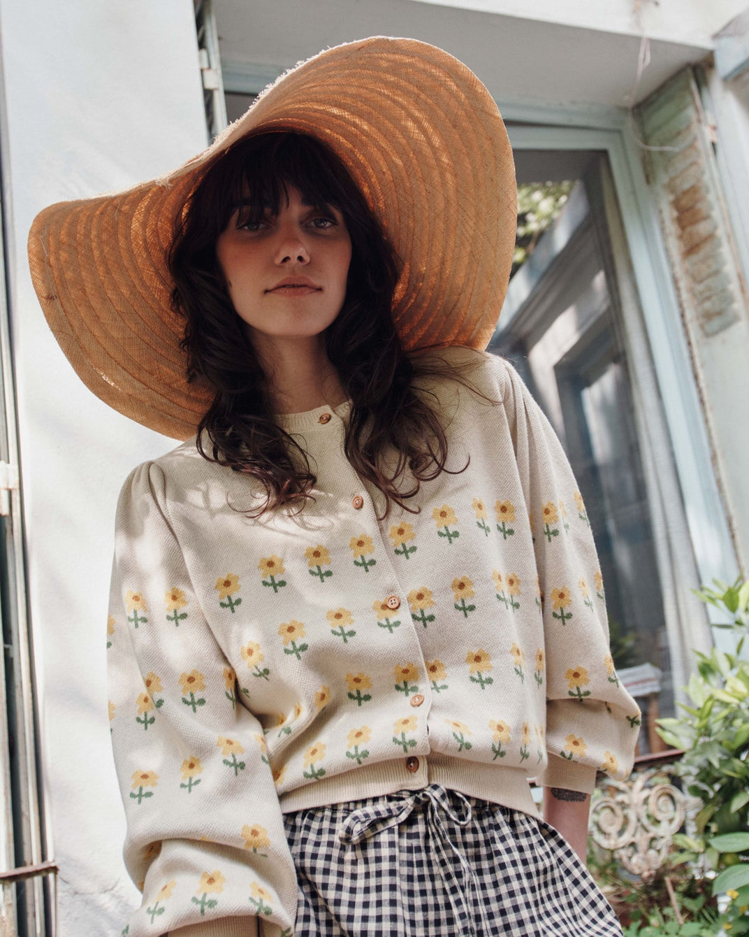 Cardigan - Jacquard à fleurs coton bio beige