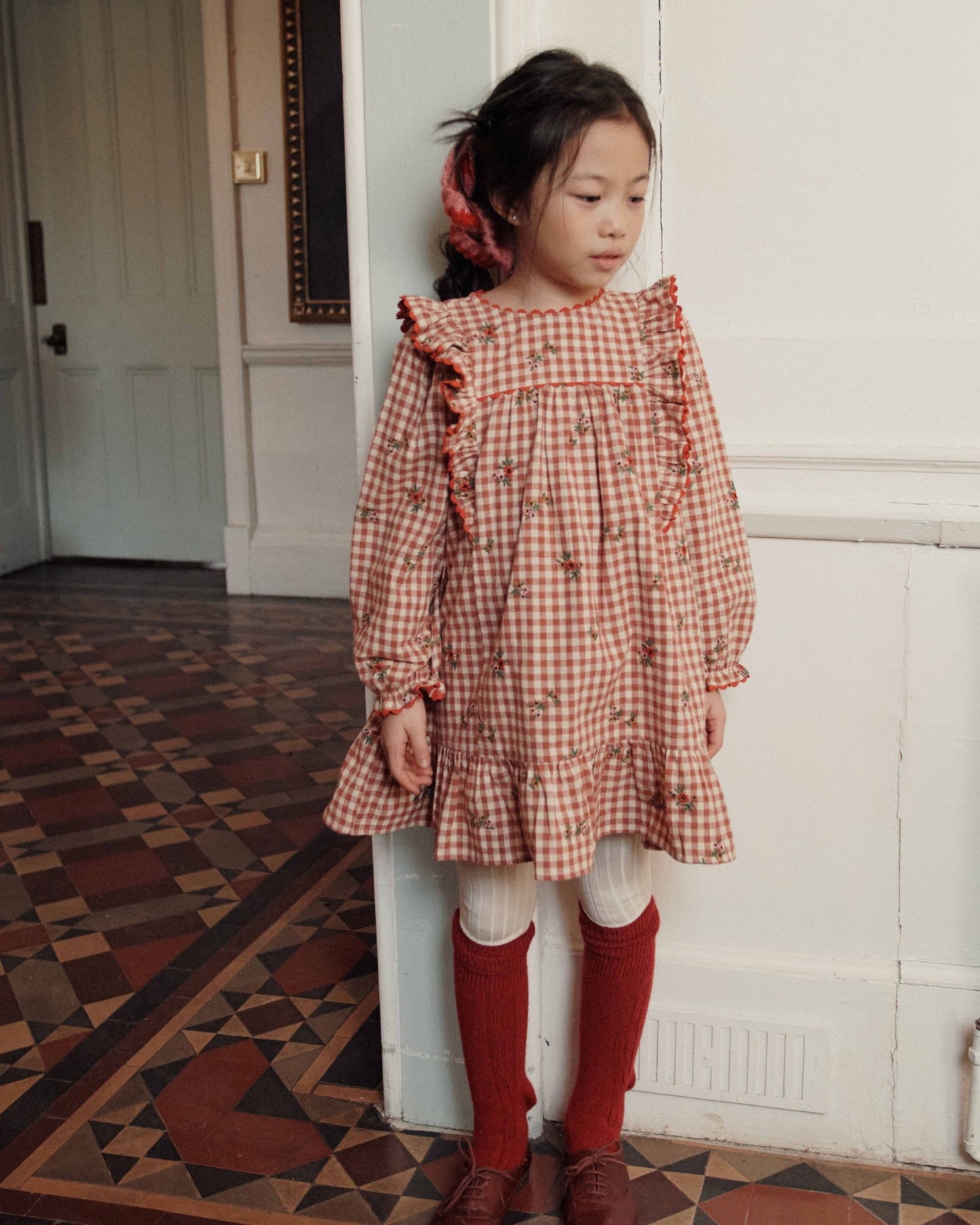 Robe - Volantée brodée vichy terracotta