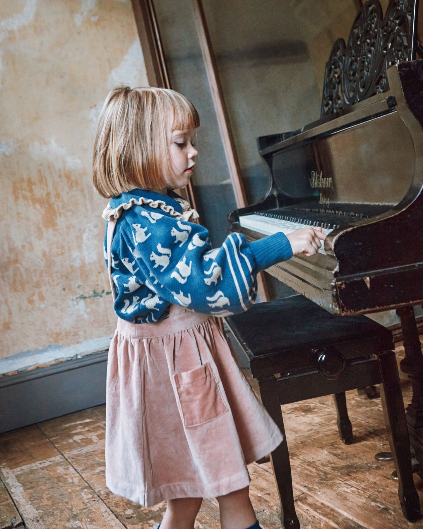 Pull jacquard écureuils coton bio bleu