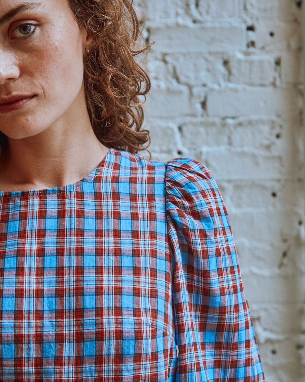 Blouse khadi écossais rouge et bleu