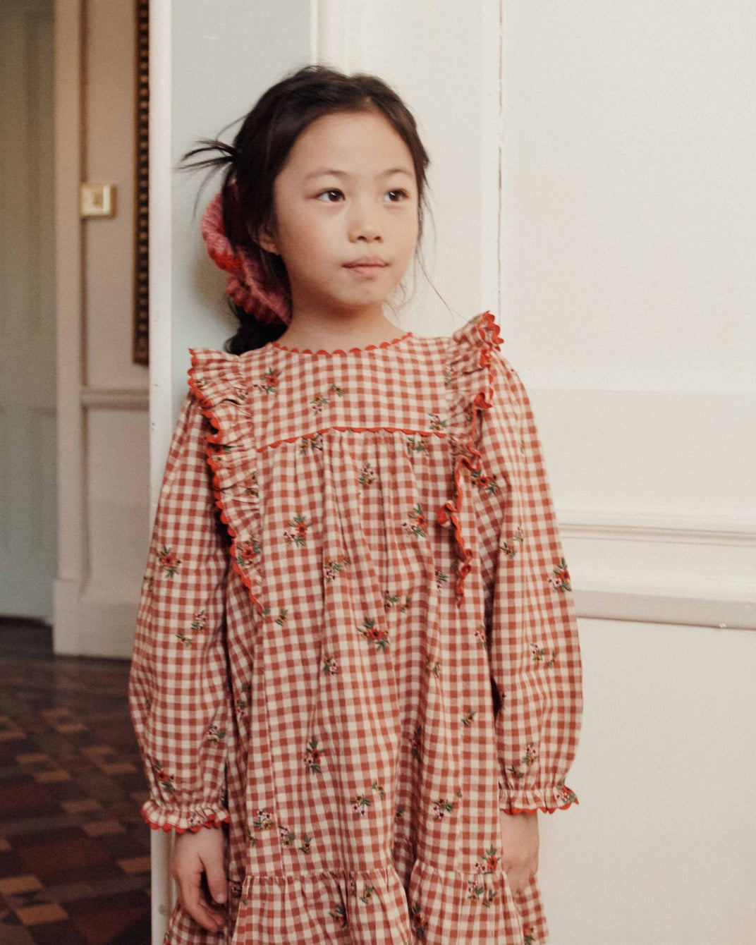 Robe - Volantée brodée vichy terracotta