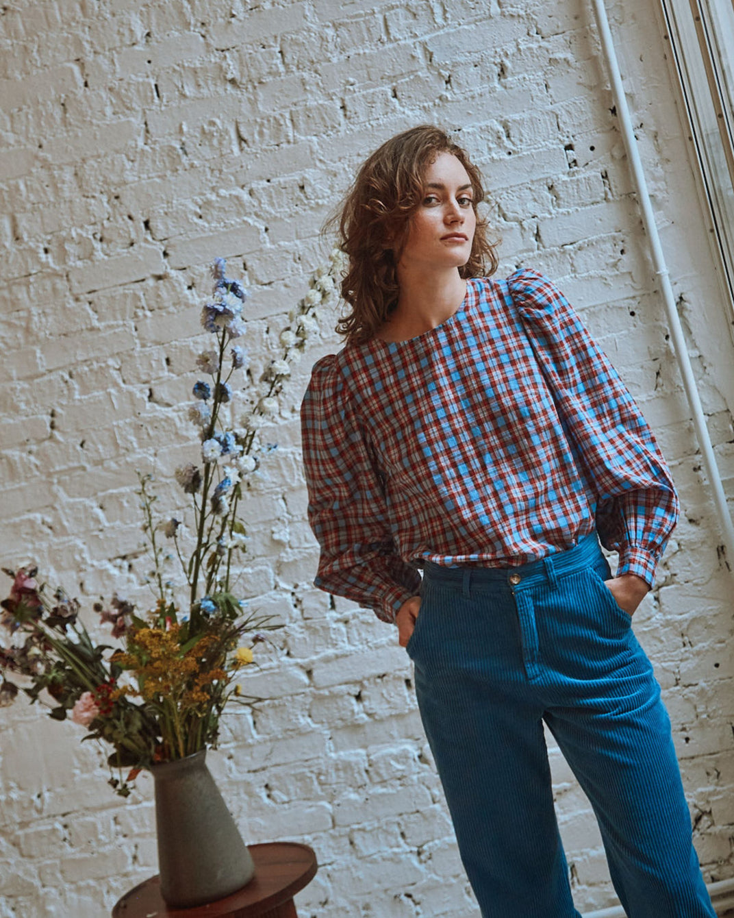 Blouse khadi écossais rouge et bleu